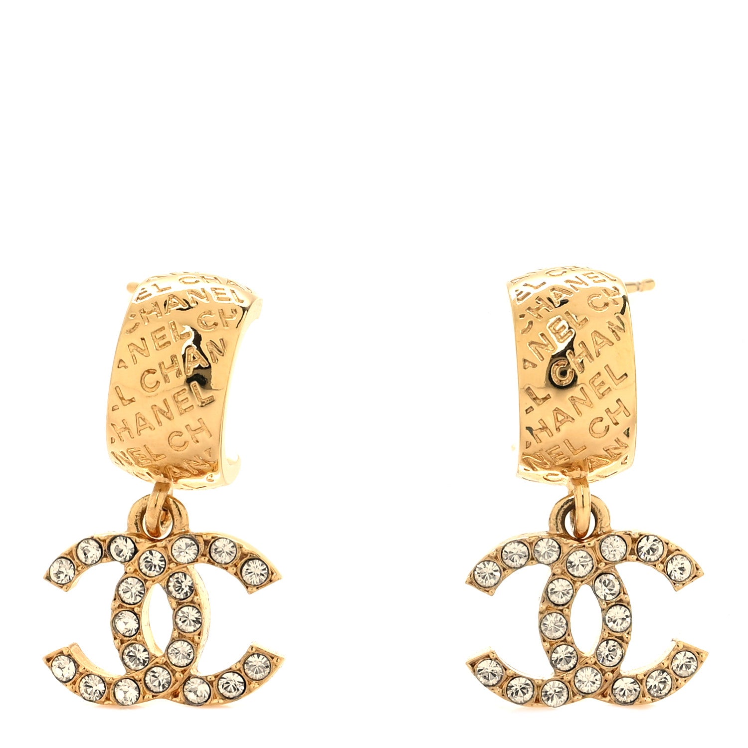 Chanel Metal Crystal CC Logo Hoop Drop Earrings Gold 1 of 5