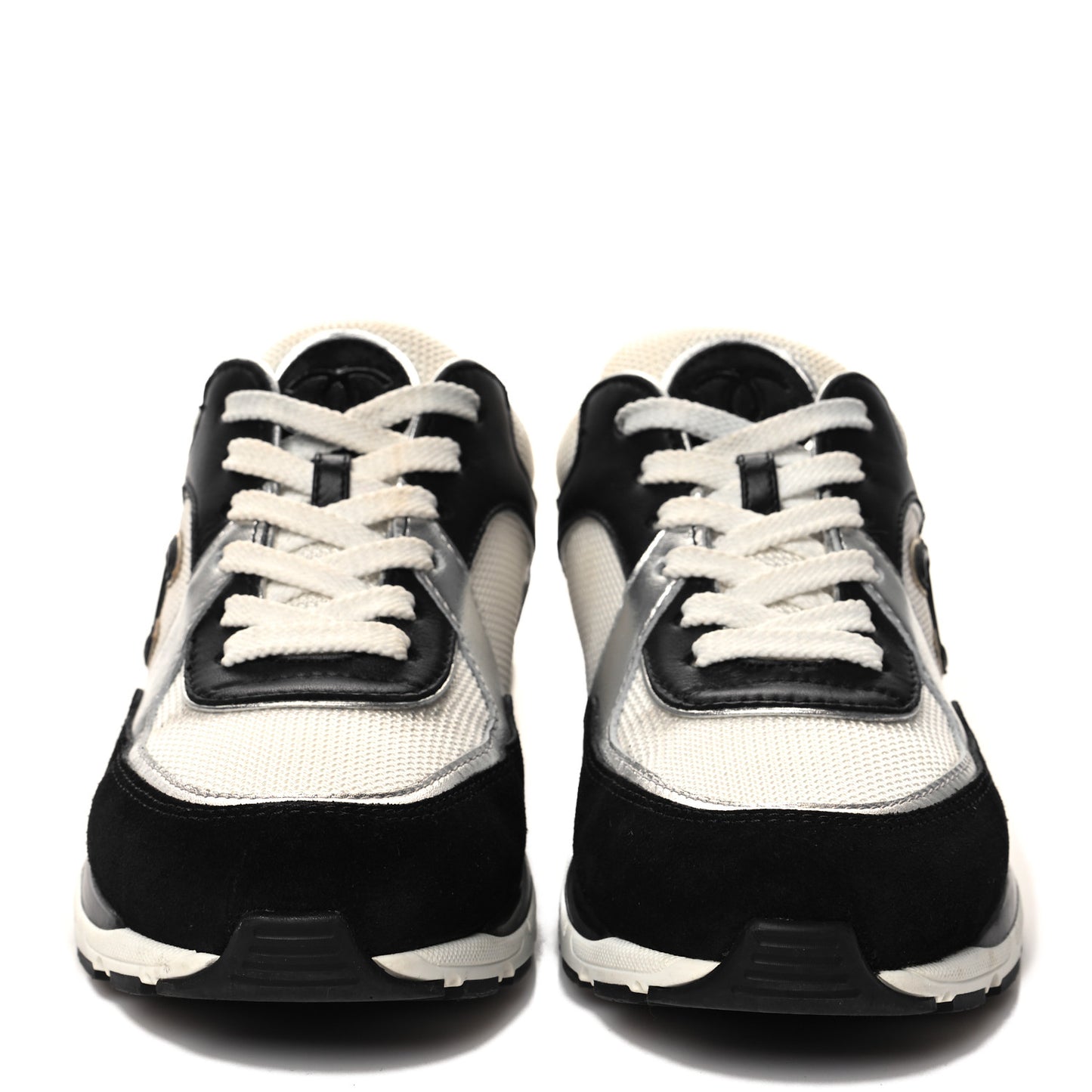 Mesh Suede Calfskin Grained Calfskin Womens CC Sneakers 35 Black White