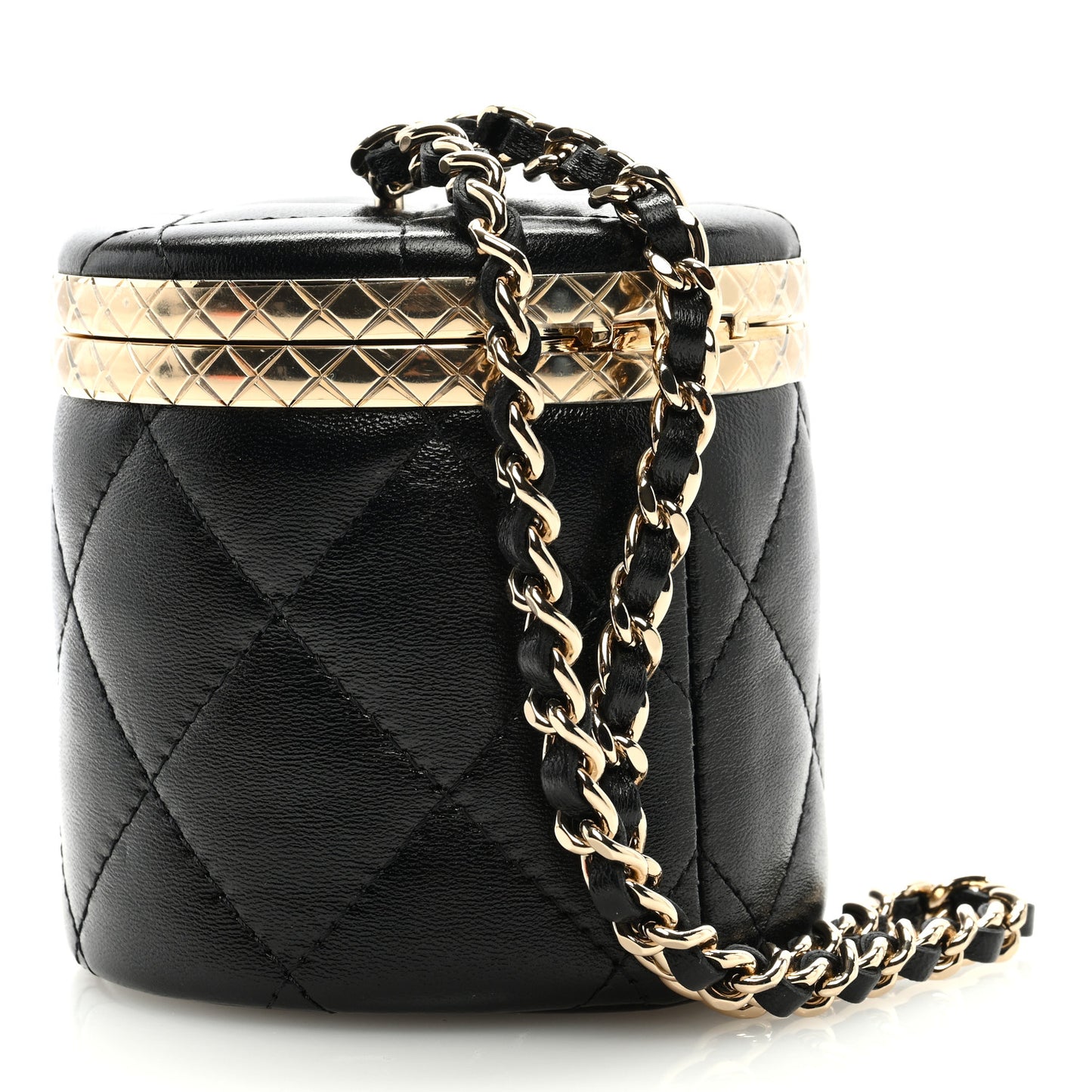 Metal Lambskin Quilted Mini Lock Frame Vanity Clutch Black