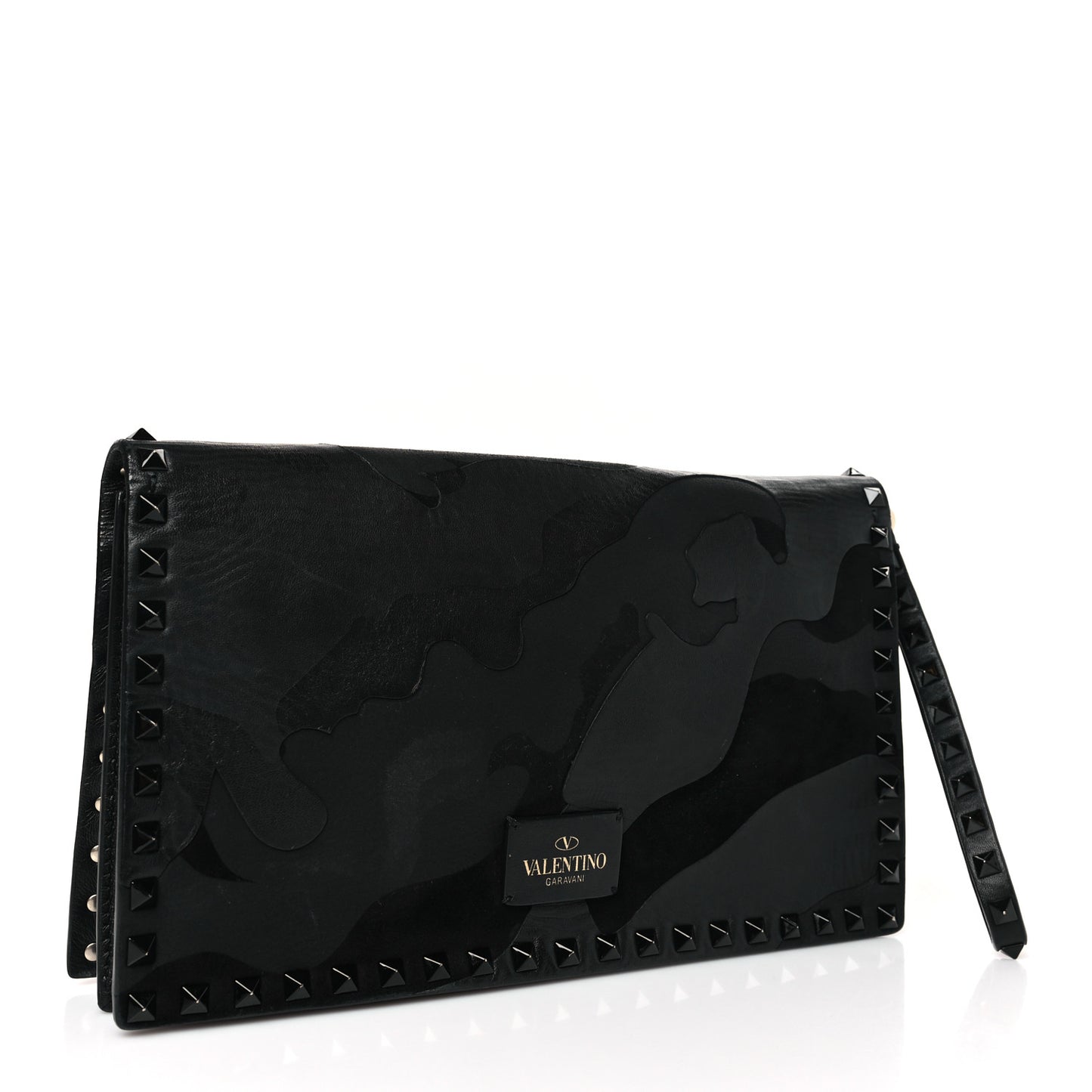 Nappa Canvas Camouflage Rockstud Wristlet Clutch Black