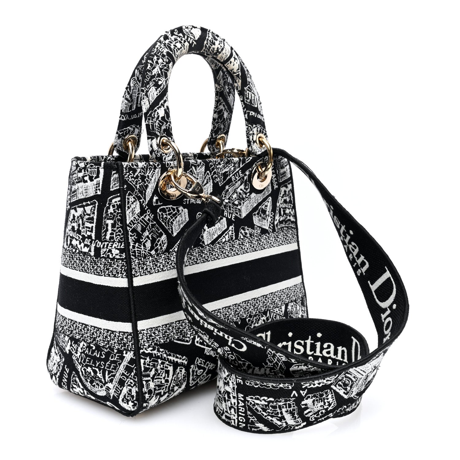 Christian Dior Canvas Embroidered Medium Plan de Paris Lady D-Lite Black White 3 of 9