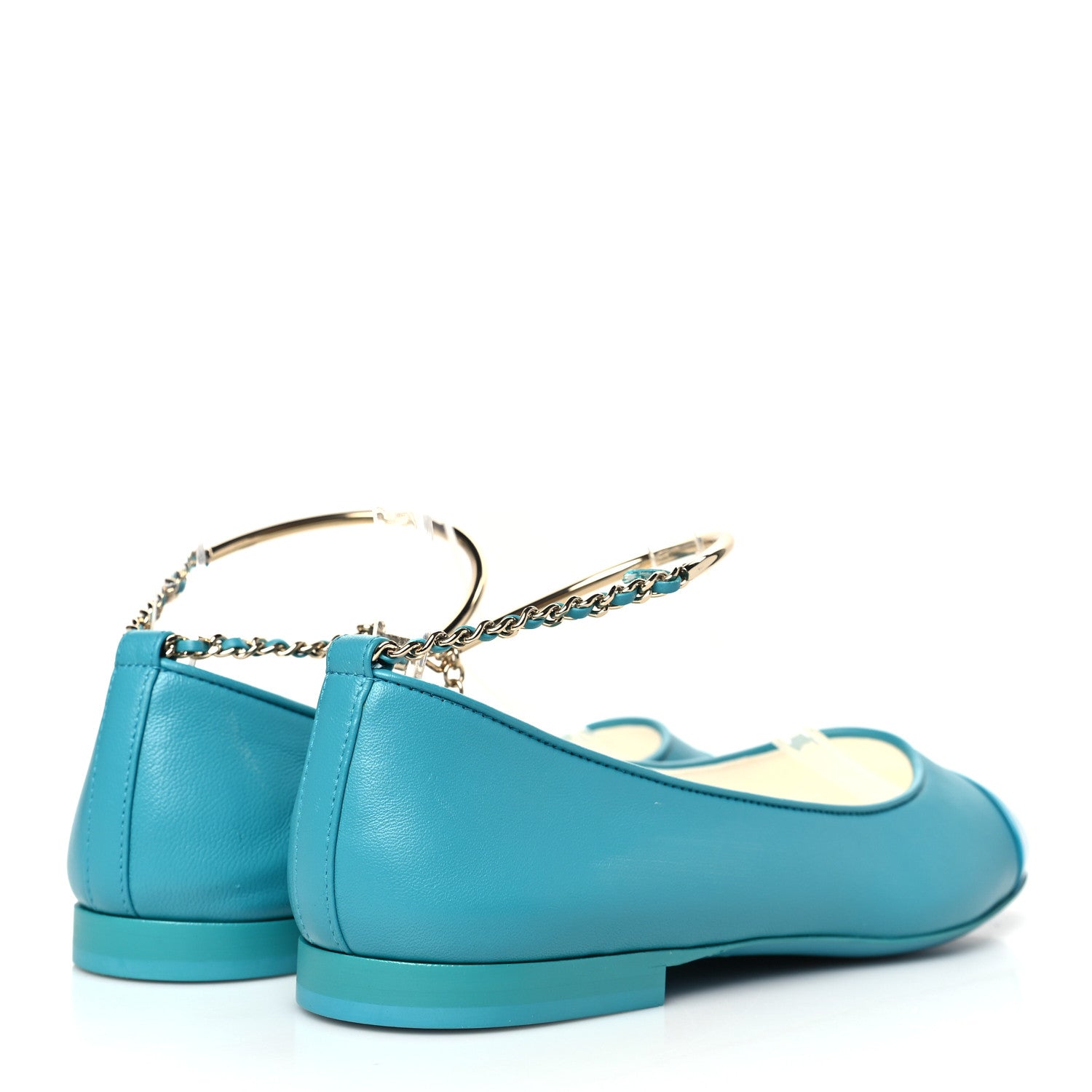 Chanel Lambskin Patent Calfskin Cap Toe Ankle Chain Ballerina Flats 37 Turquoise 4 of 10