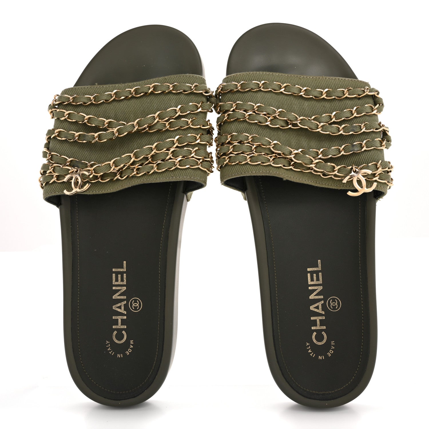 Chanel Satin Canvas Chain Slides Sandals Flats 40 Khaki 2 of 16