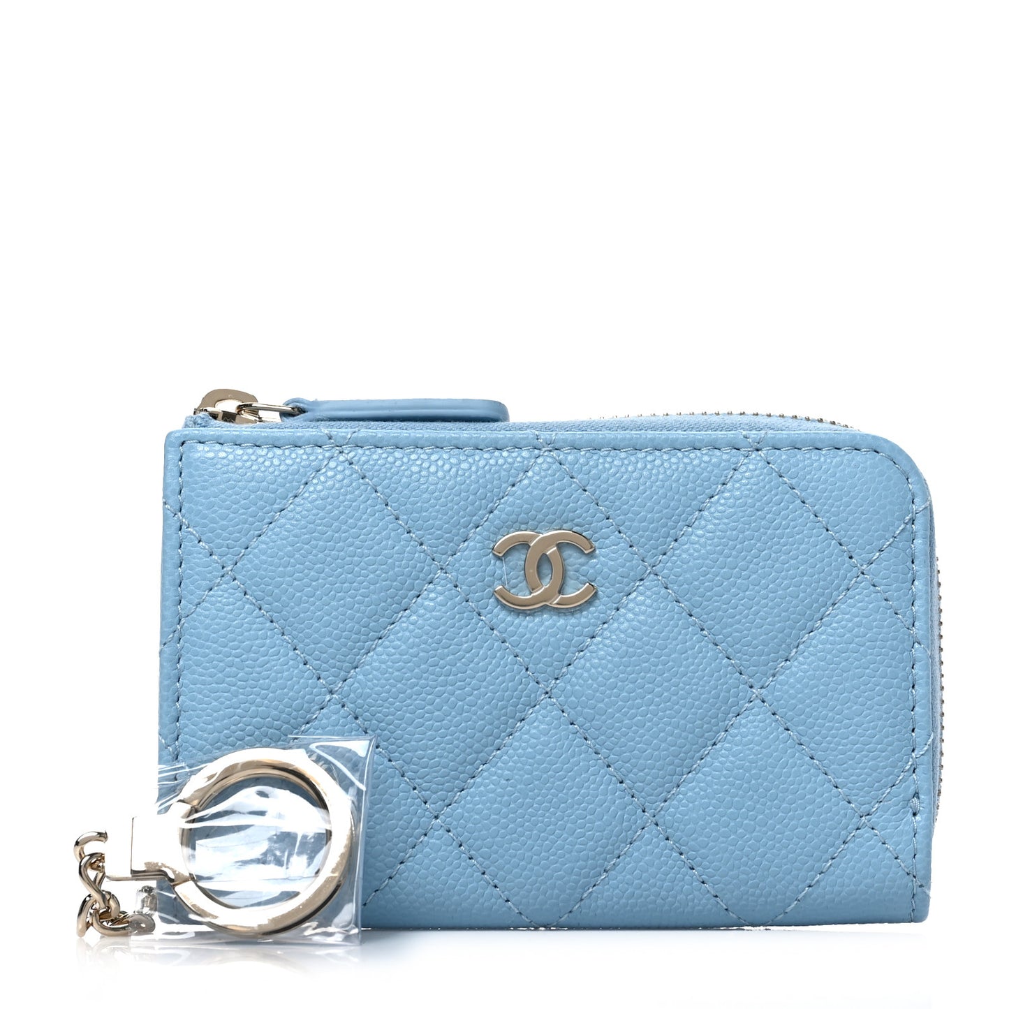 Caviar Quilted Zipped Key Holder Case Light Blue