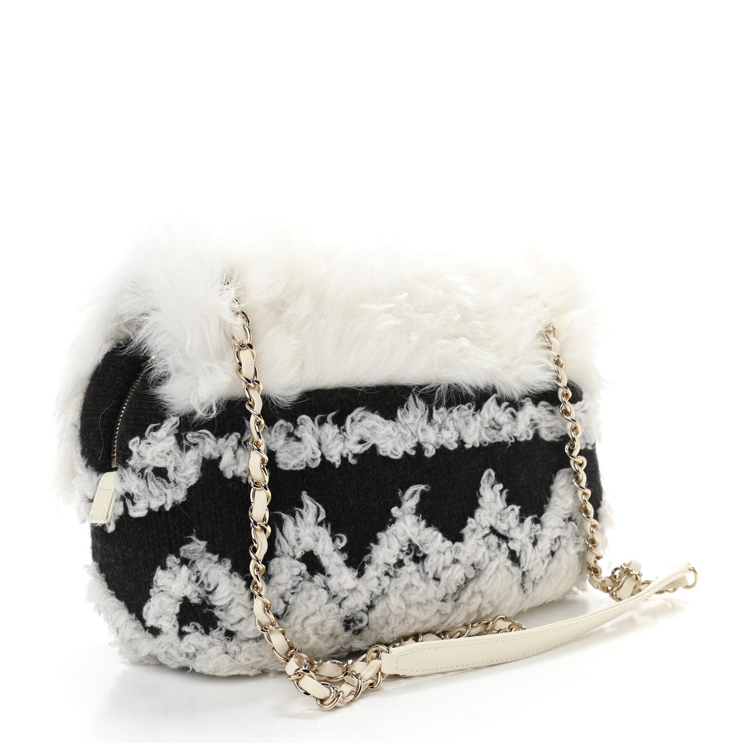 Wool Shearling Sheepskin Zip Around Flap Black Ecru