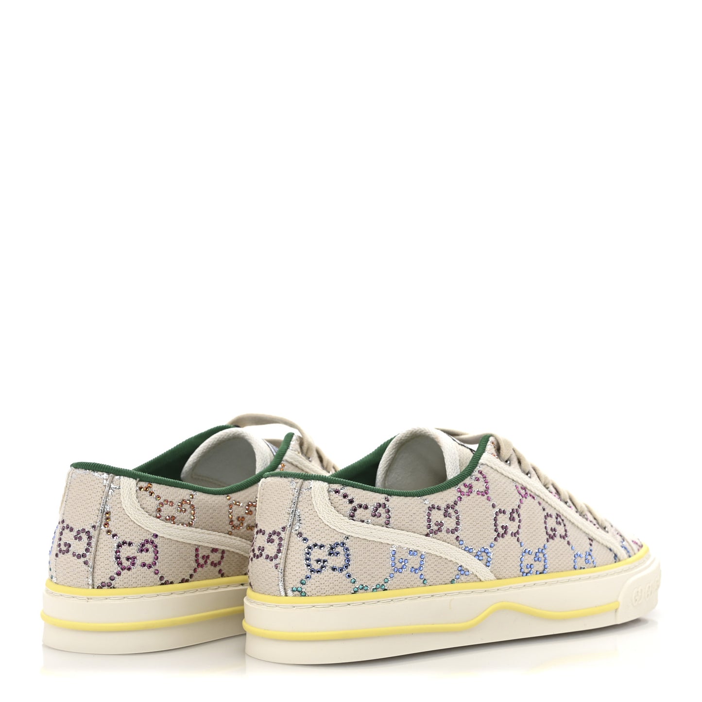Canvas Lame Crystal GG Monogram Womens 1977 Tennis Sneakers 37.5 Gardenia Silver Mystic White