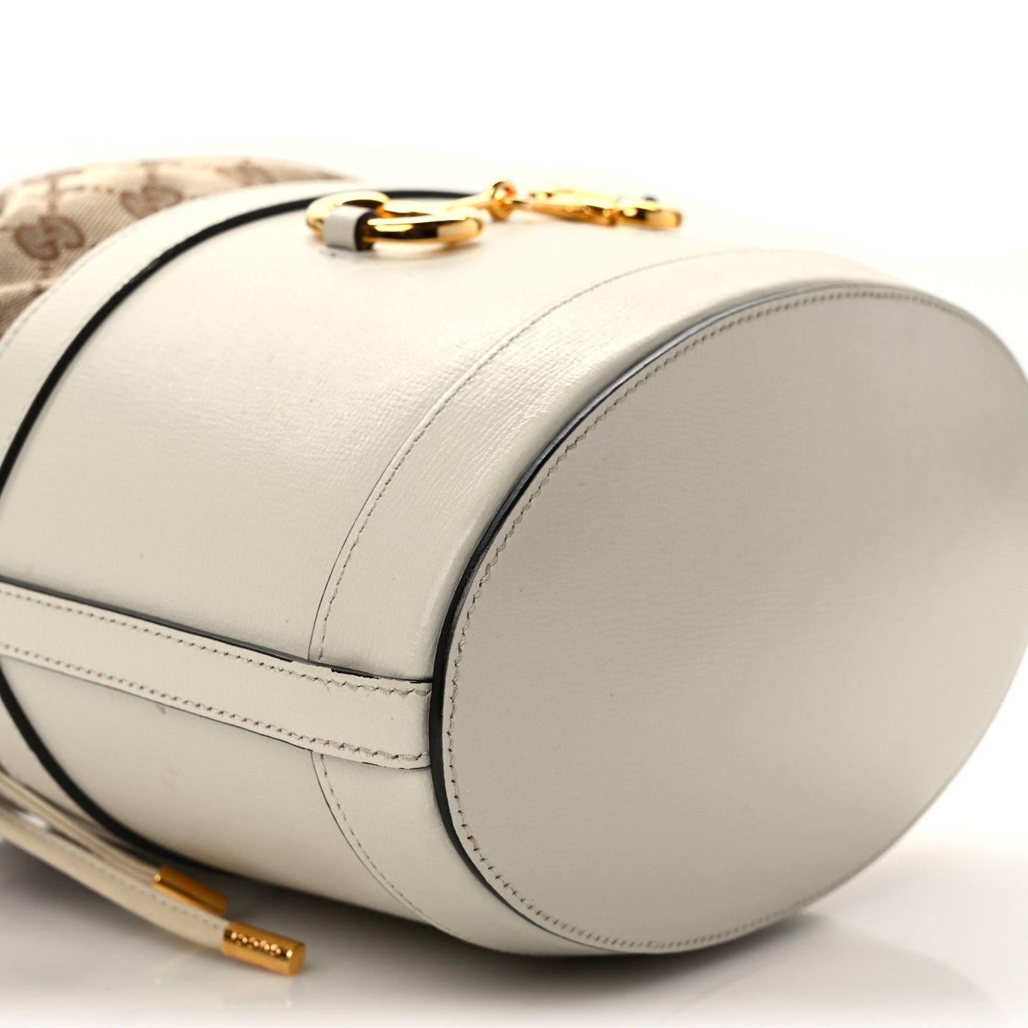 Monogram Textured Calfskin Horsebit 1955 Drawstring Bucket Bag Beige Mystic White
