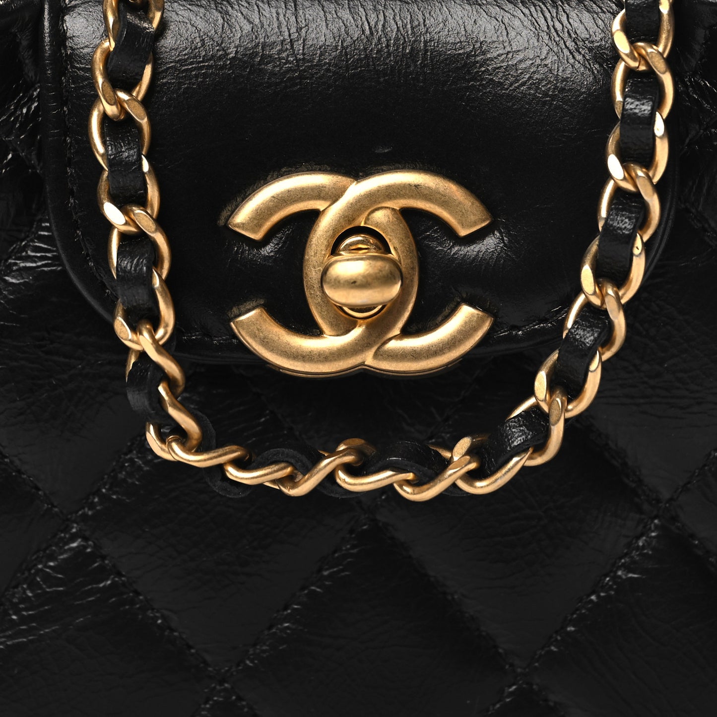 Shiny Aged Calfskin Quilted Mini Nano Kelly Shopper Black