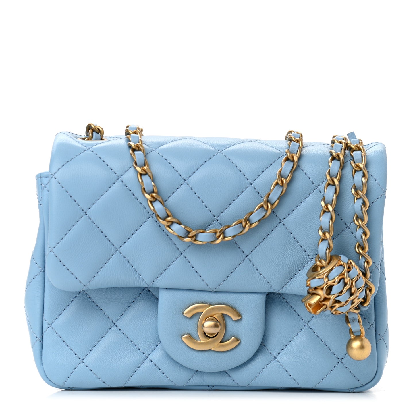 Lambskin Quilted Mini Pearl Crush Flap Light Blue