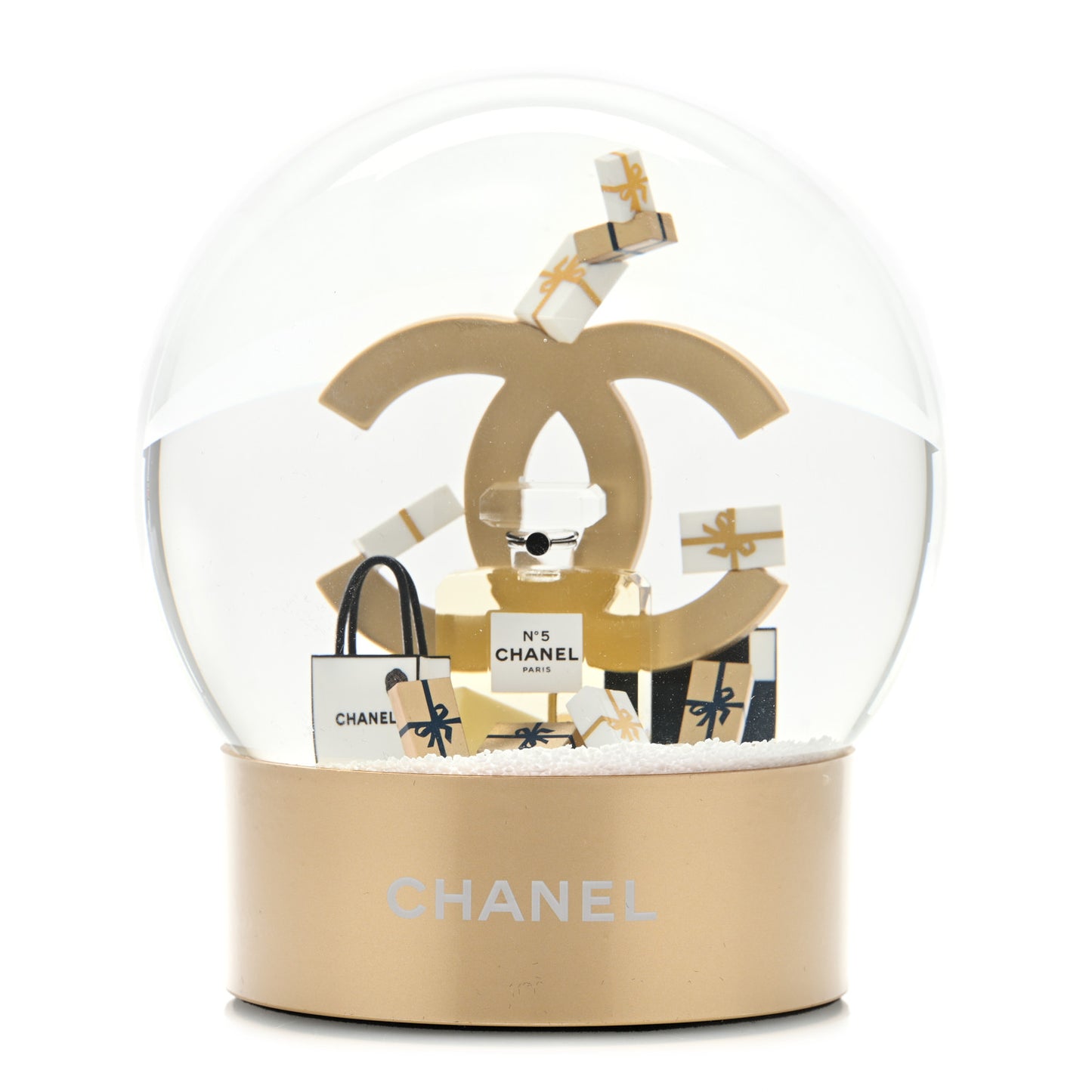 Glass CC Shopping Bag Snow Globe Gold