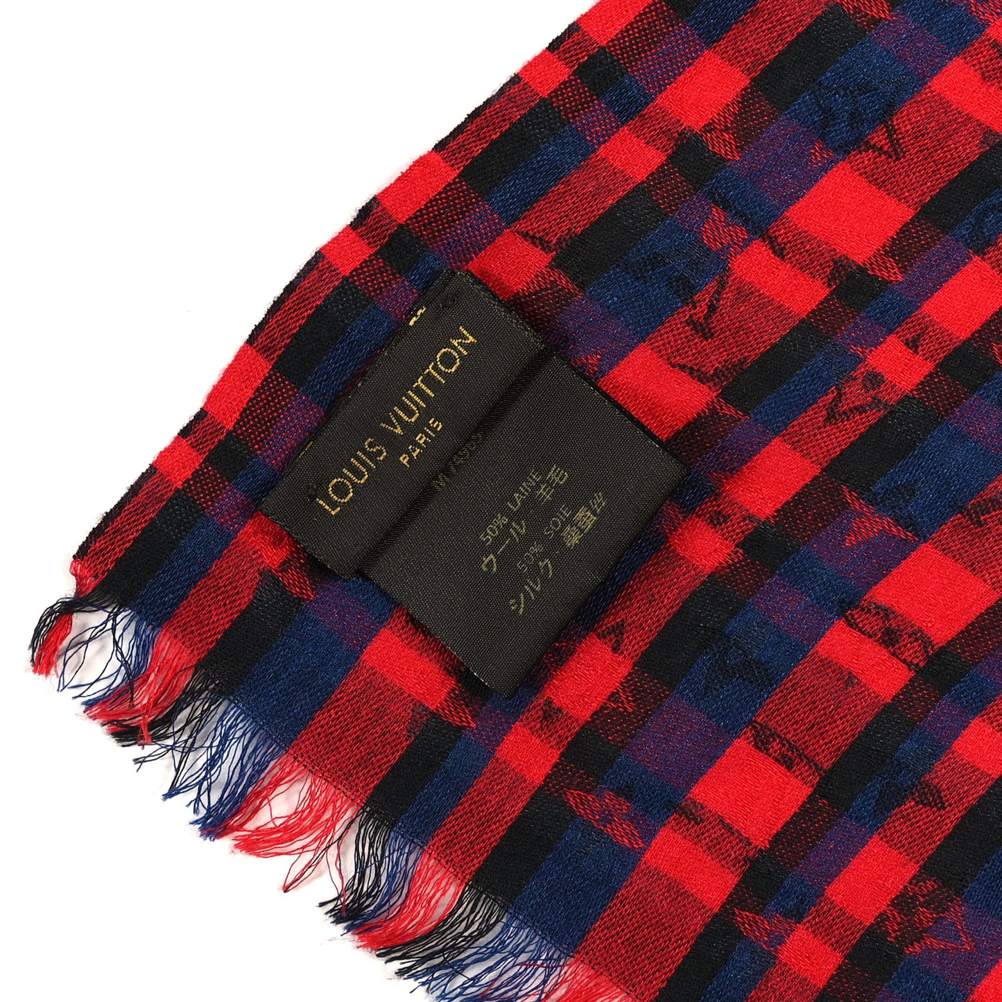 Silk Wool Monogram Fringe Stole Red Blue