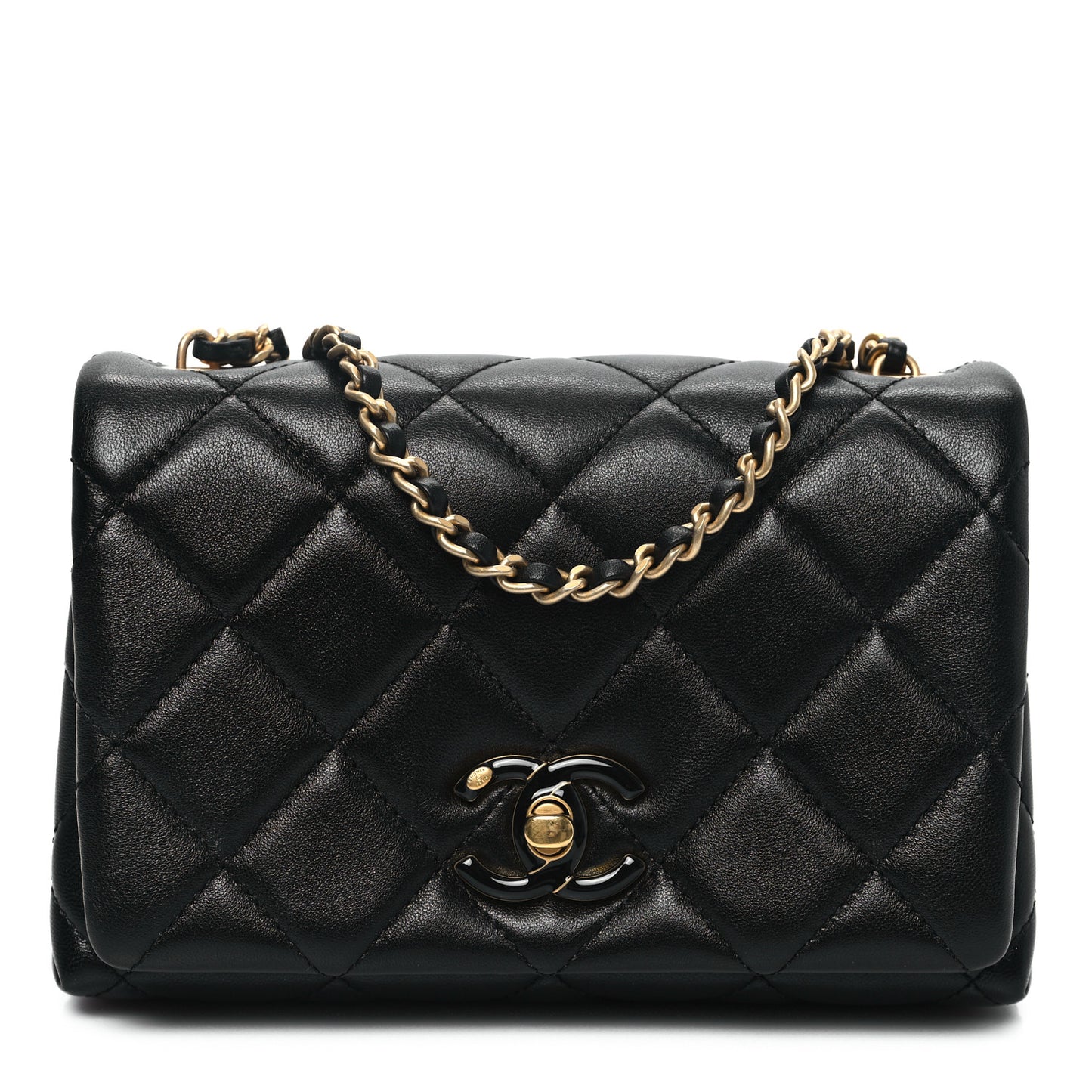 Shiny Lambskin Quilted Enamel CC Mini Flap Black