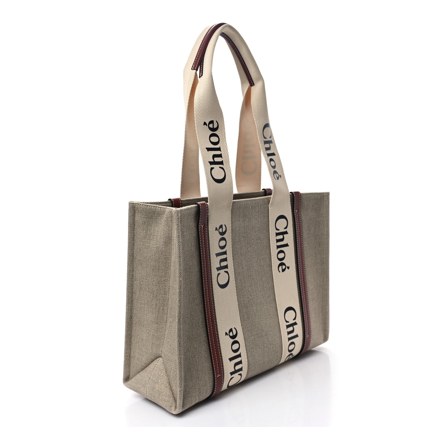 Linen Calfskin Medium Woody Ribbon Tote White Brown