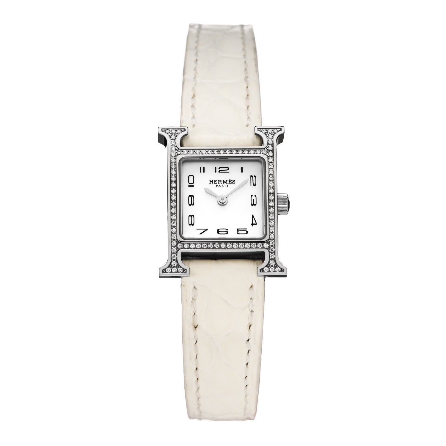 Hermes Stainless Steel Alligator Diamond Bezel Mother of Pearl 17.2mm Heure H Hour Quartz Watch Blanc 1 of 6