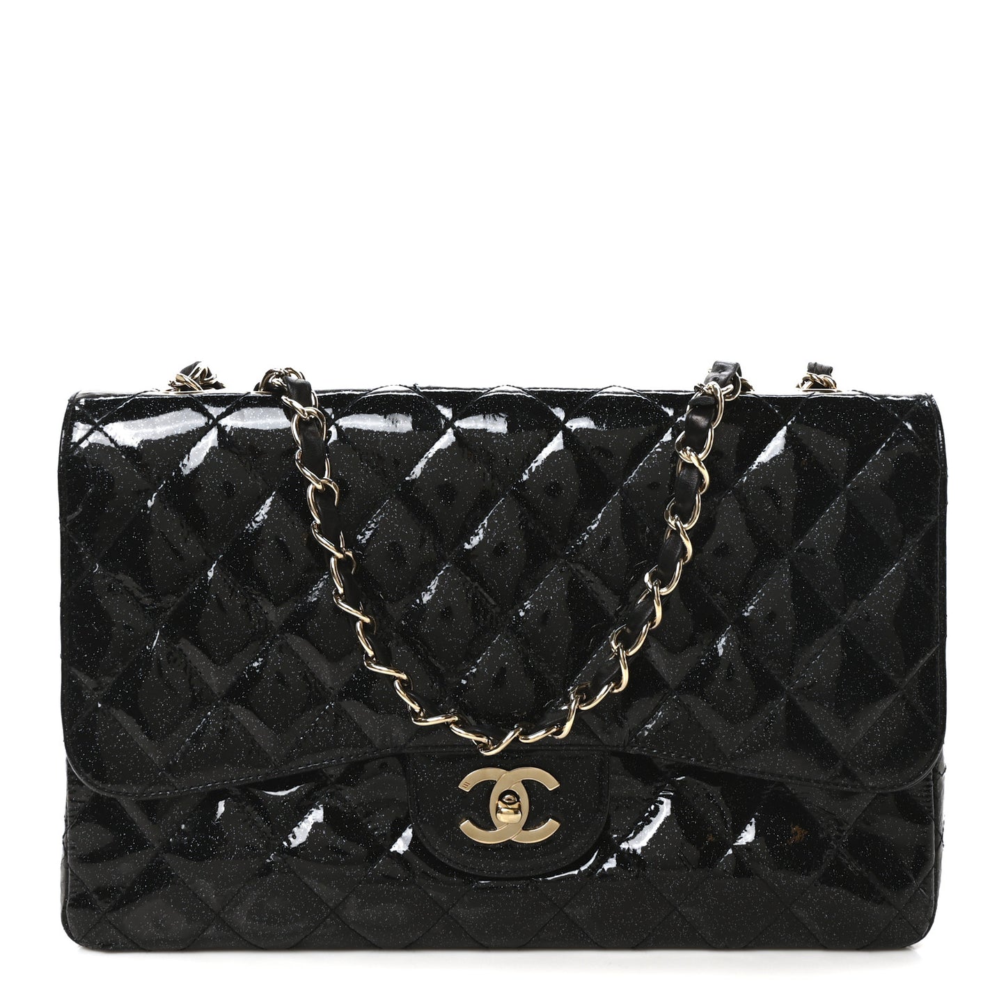 Patent Quilted Sparkle Glitter Jumbo Single Flap Black