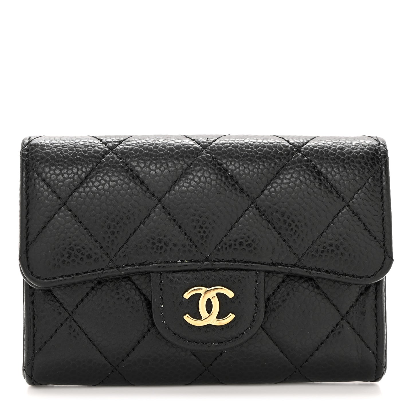 Caviar Quilted Flap Card Holder Wallet Black