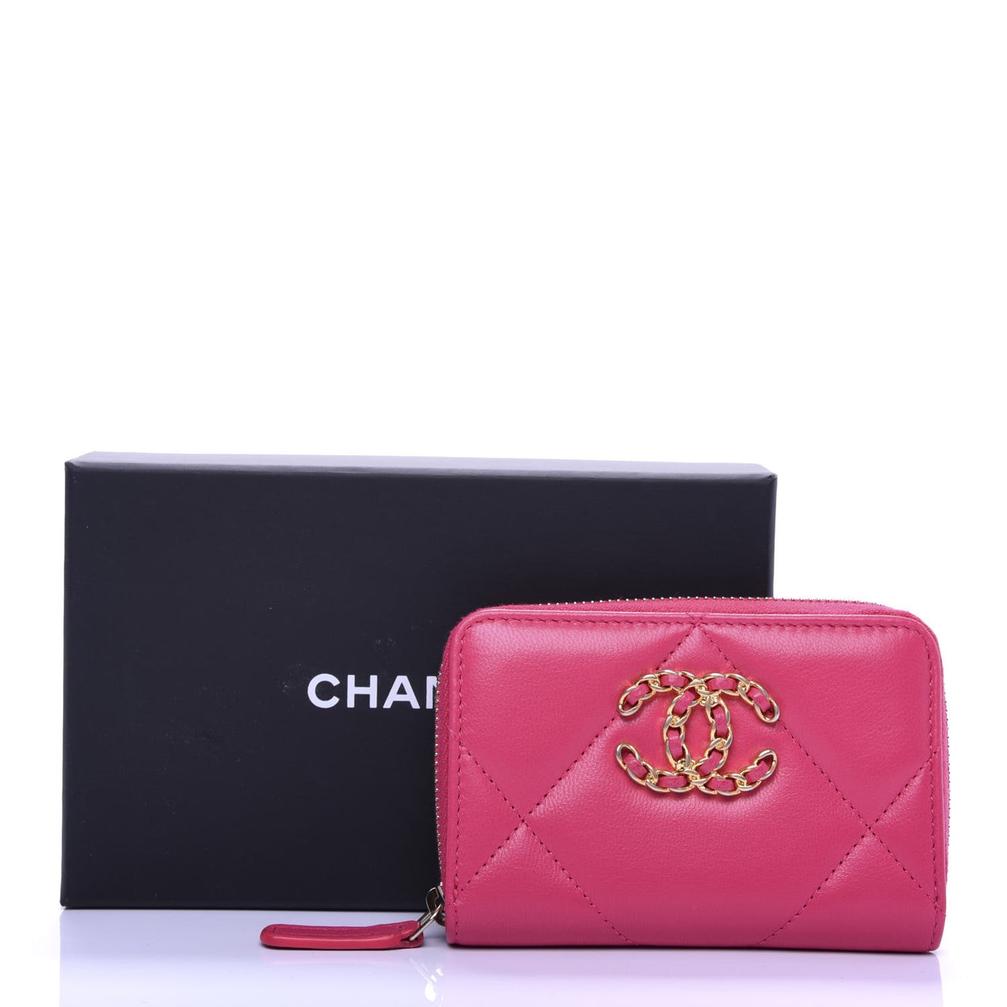 Shiny Goatskin Quilted 19 Zip Around Coin Purse Wallet Dark Pink