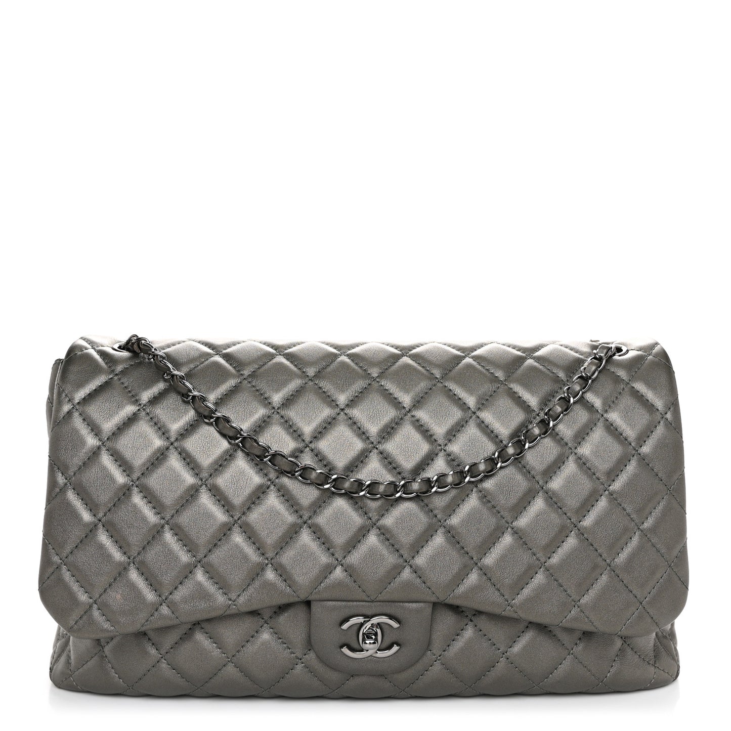Metallic Calfskin Quilted Small XXL Travel Flap Bag Dark Silver
