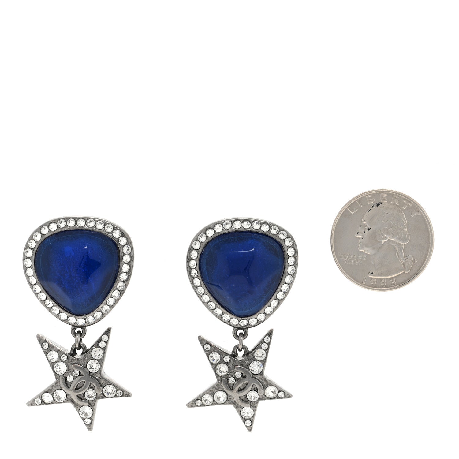 Chanel Metal Resin Crystal Star CC Drop Earrings Ruthenium Blue 2 of 4