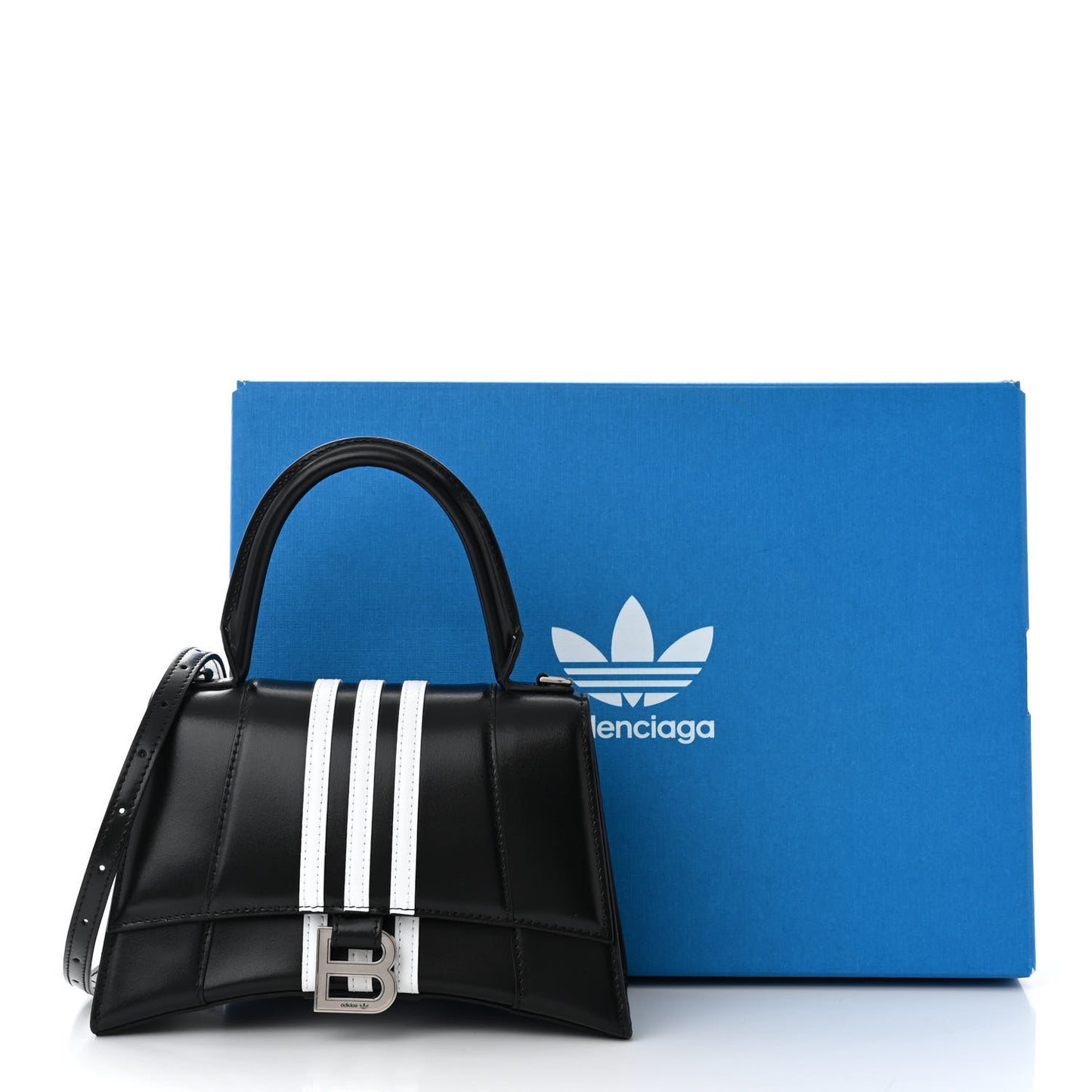X ADIDAS Shiny Box Calfskin Small Hourglass Top Handle Bag Black White