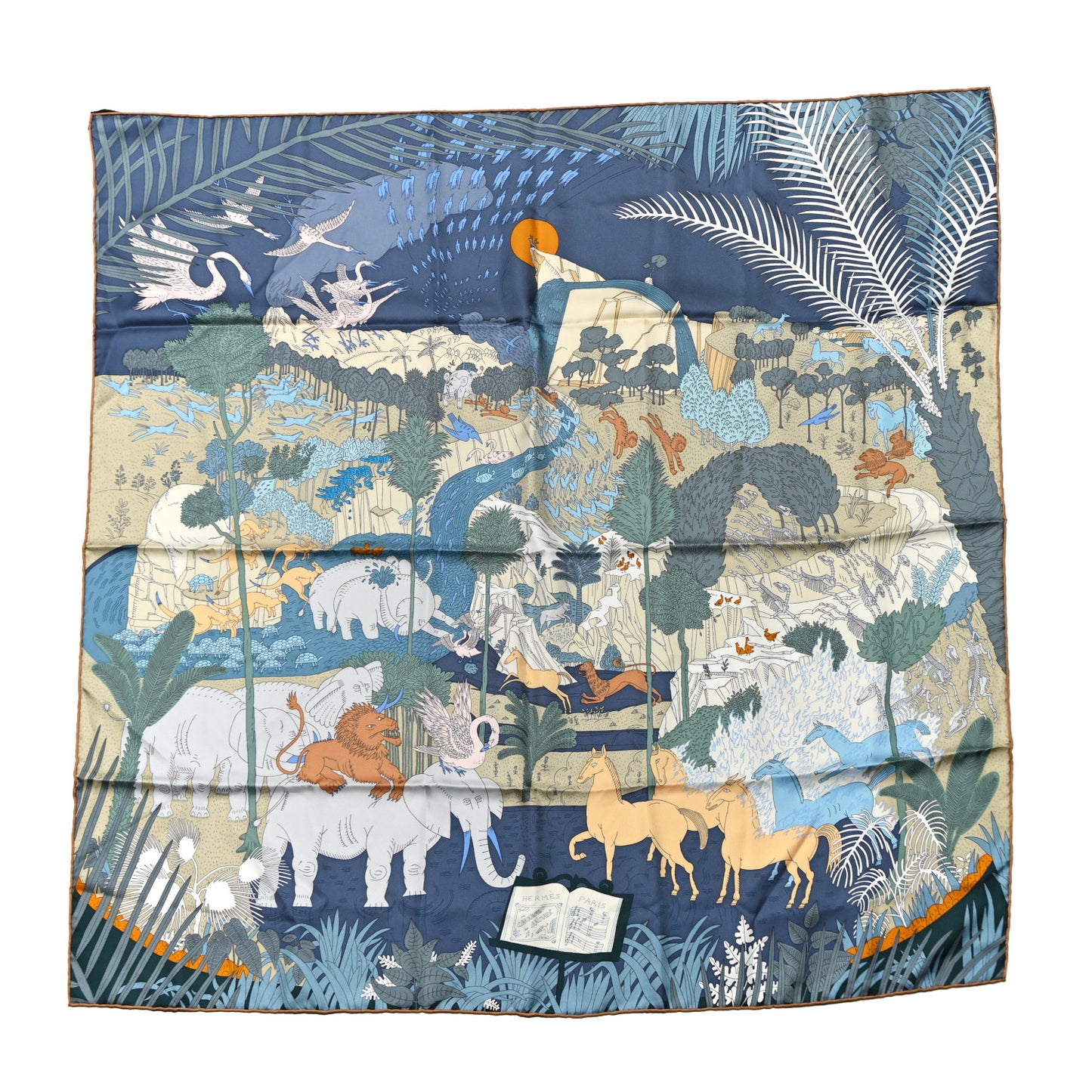 Silk Le Carnaval des Animaux Scarf 90 Bleu Jean Vert Beige