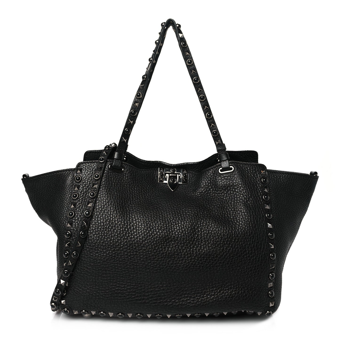 Grained Calfskin Onyx Medium Rockstud Rolling Tote Black
