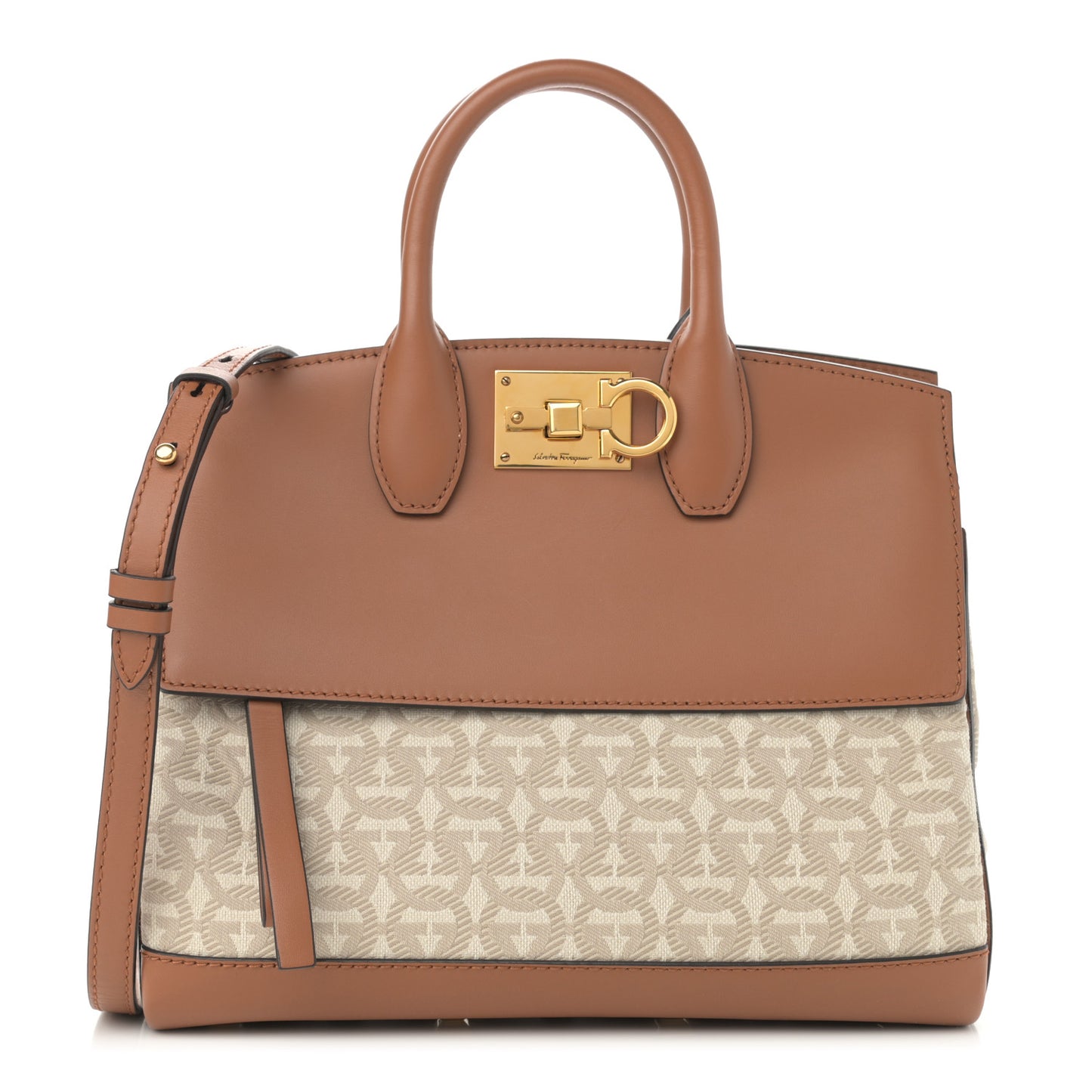 Canvas Calfskin Gancini Medium The Studio Bag Beige Brown