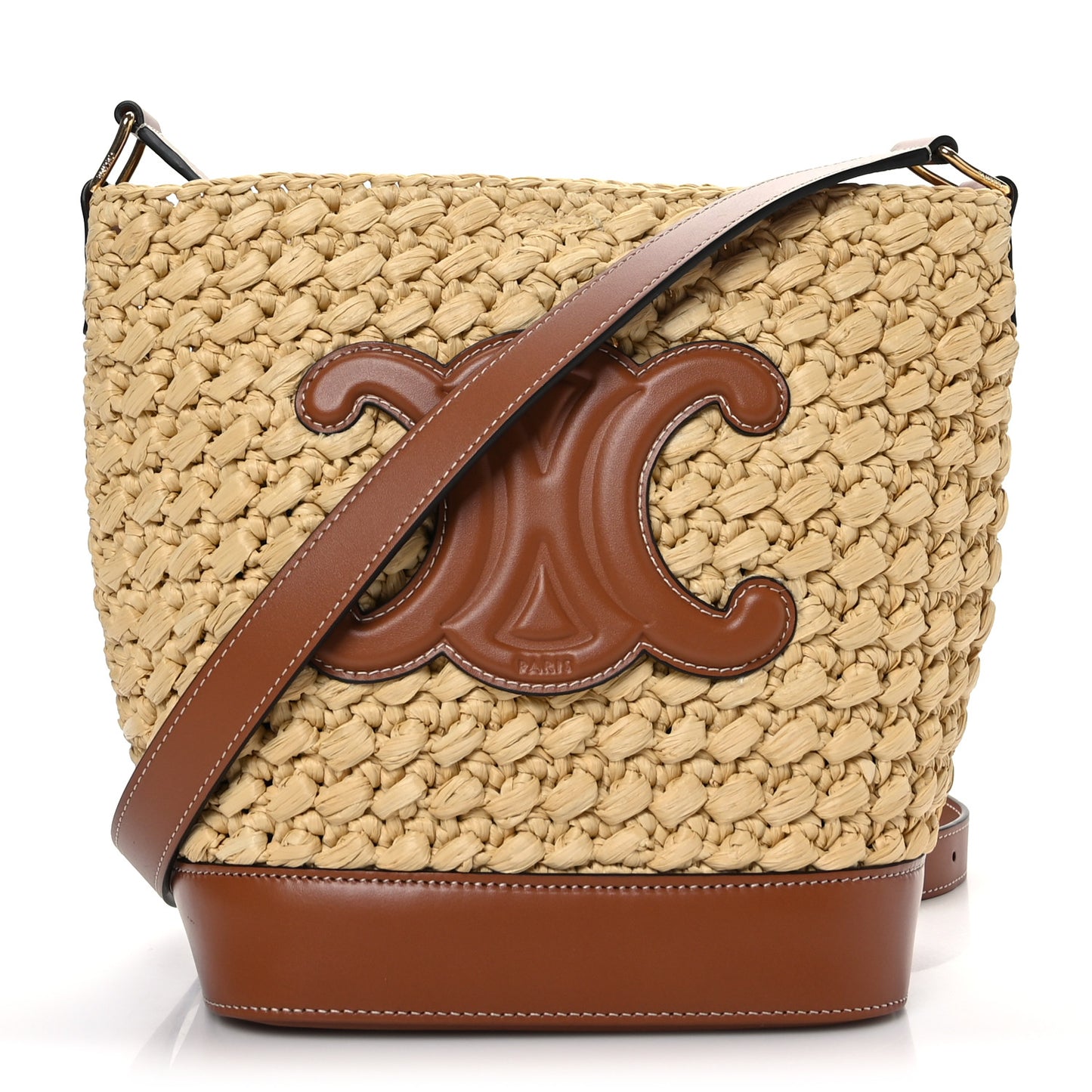 Raffia Calfskin Small Triomphe Bucket Natural Tan