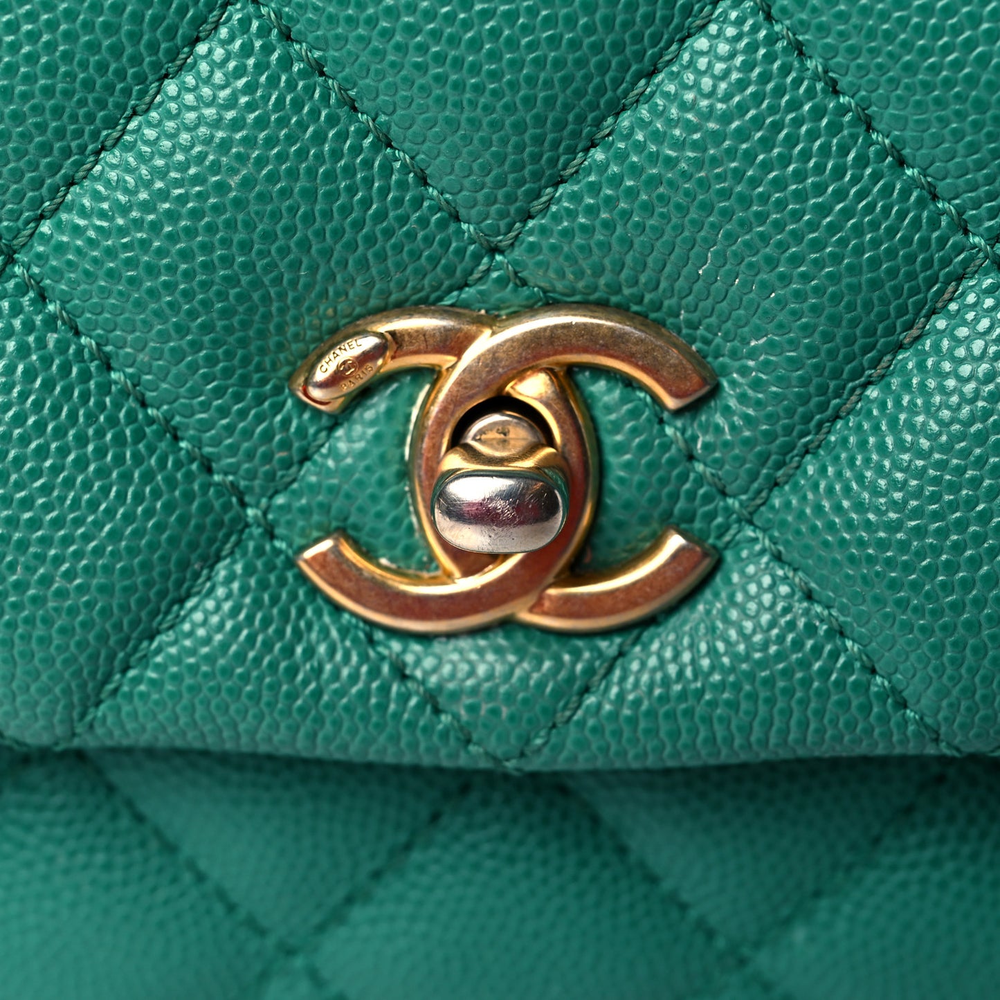 Caviar Lizard Quilted Mini Coco Handle Flap Green