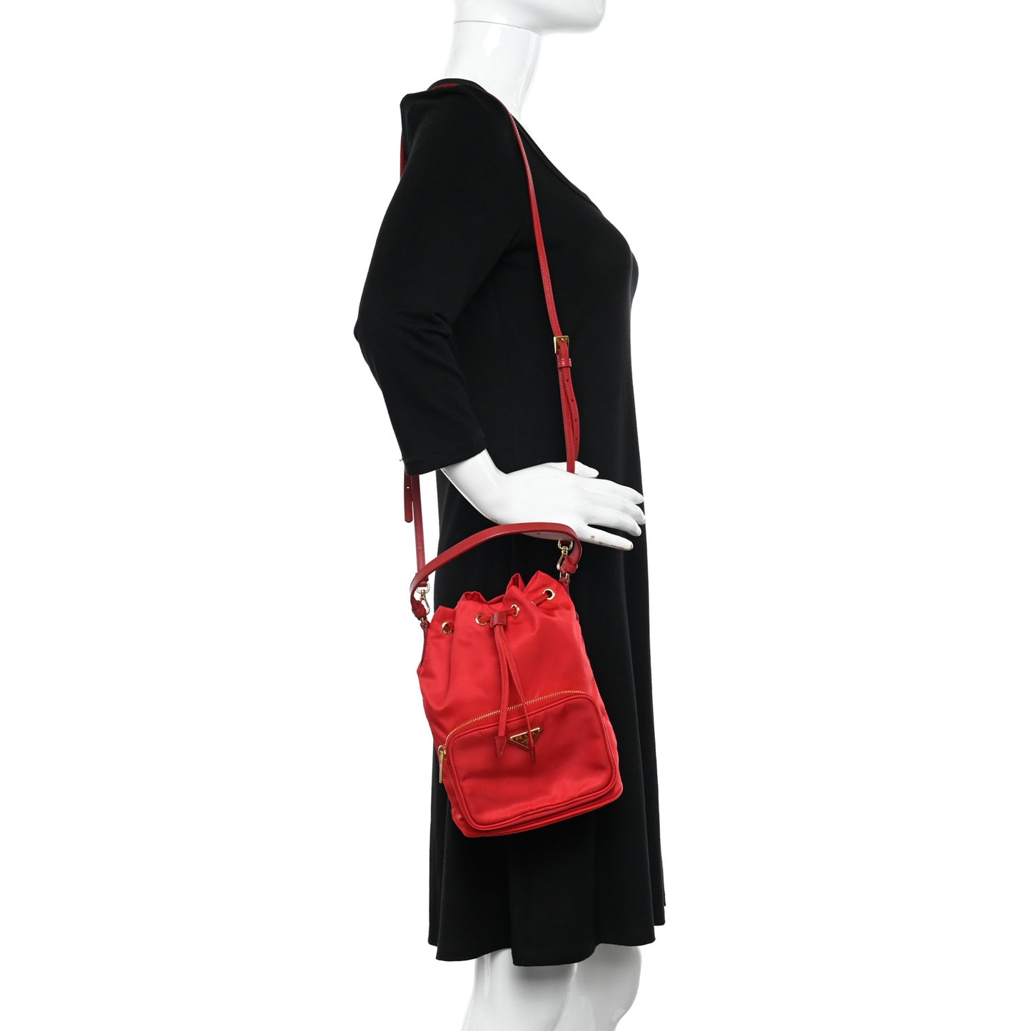 Saffiano Tessuto Nylon Mini Bucket Crossbody Bag Fuoco
