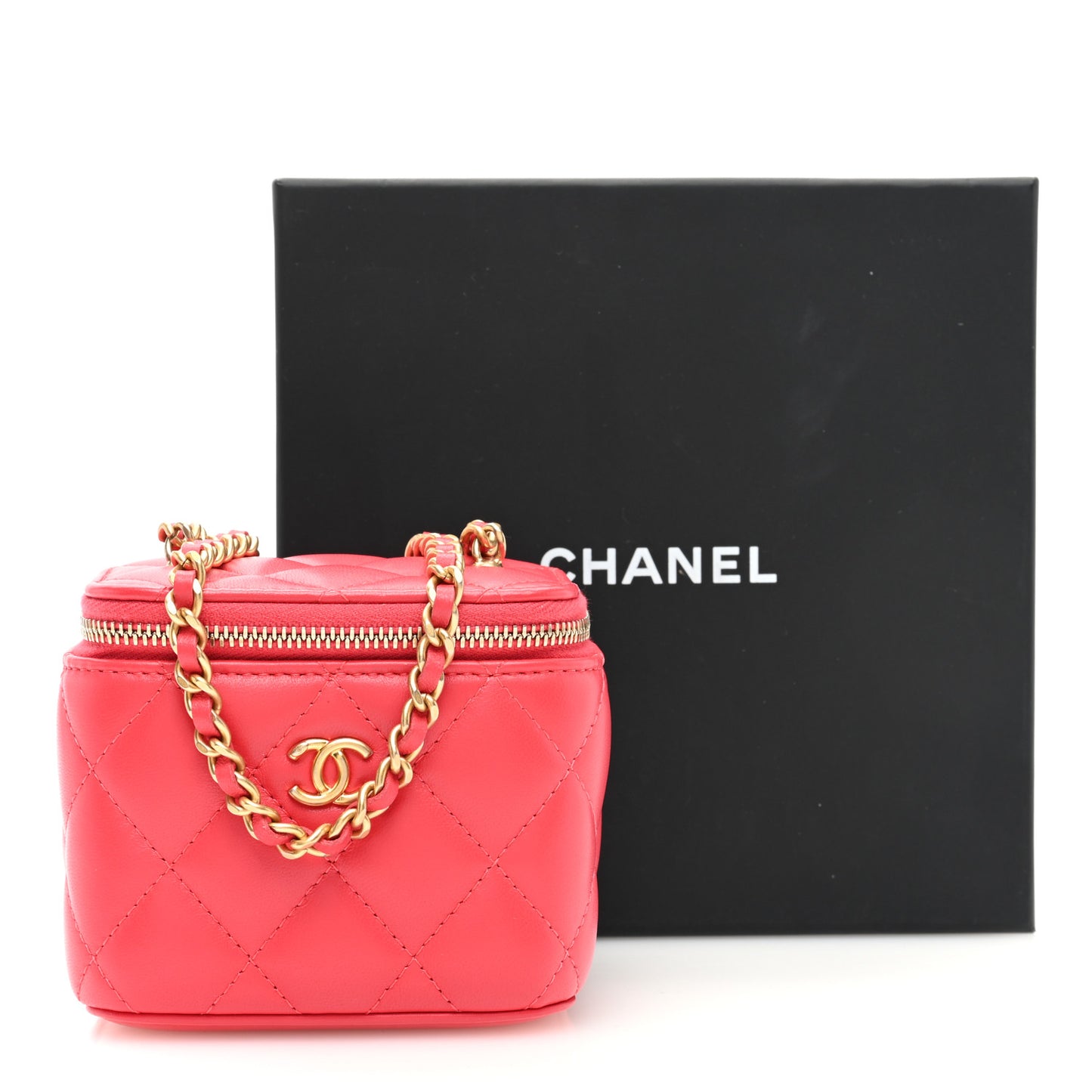 Lambskin Quilted Pearl Crush Mini Vanity Case With Chain Dark Pink