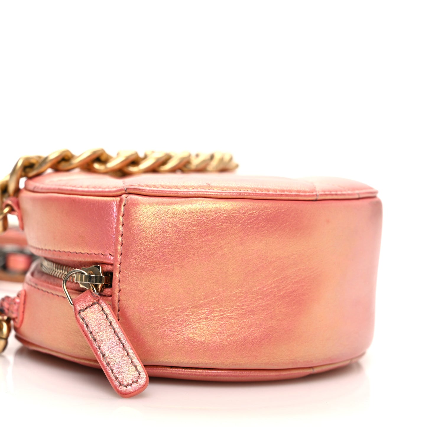 Iridescent Calfskin Quilted Chanel 19 Round Clutch With Chain Pink