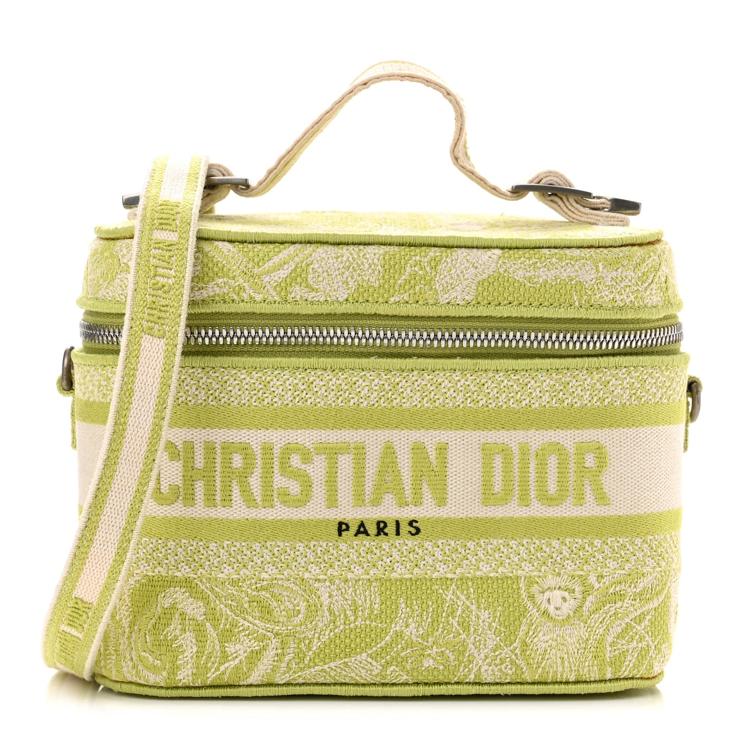 Canvas Embroidered Toile De Jouy Small Travel Vanity Case Green