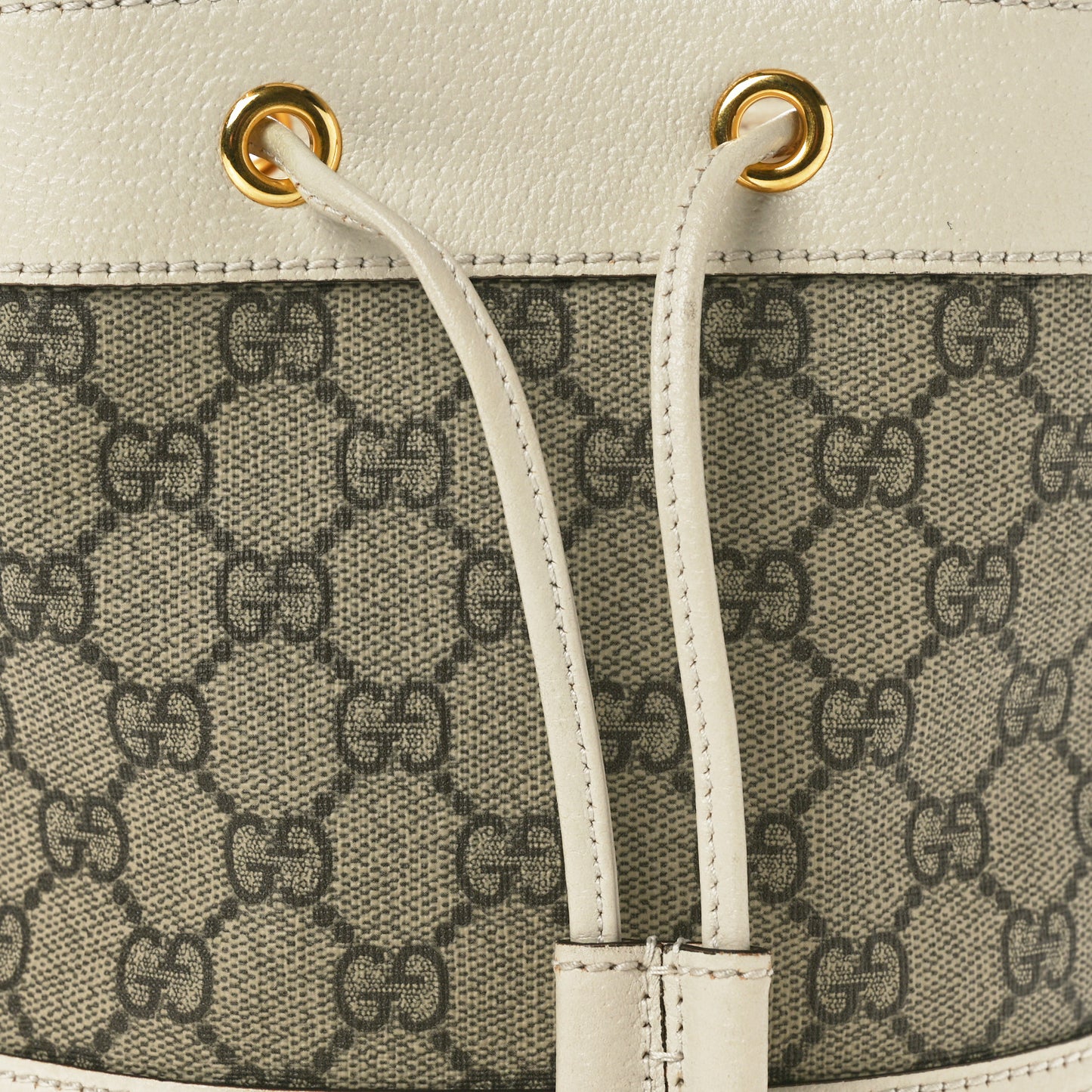GG Supreme Monogram Textured Calfskin Web Mini Ophidia Bucket Bag Beige Ebony Mystic White