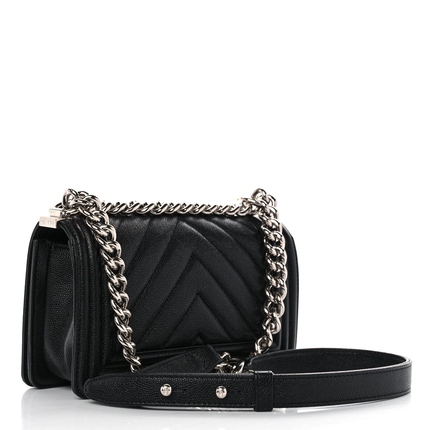 Caviar Chevron Quilted Small Boy Flap Black