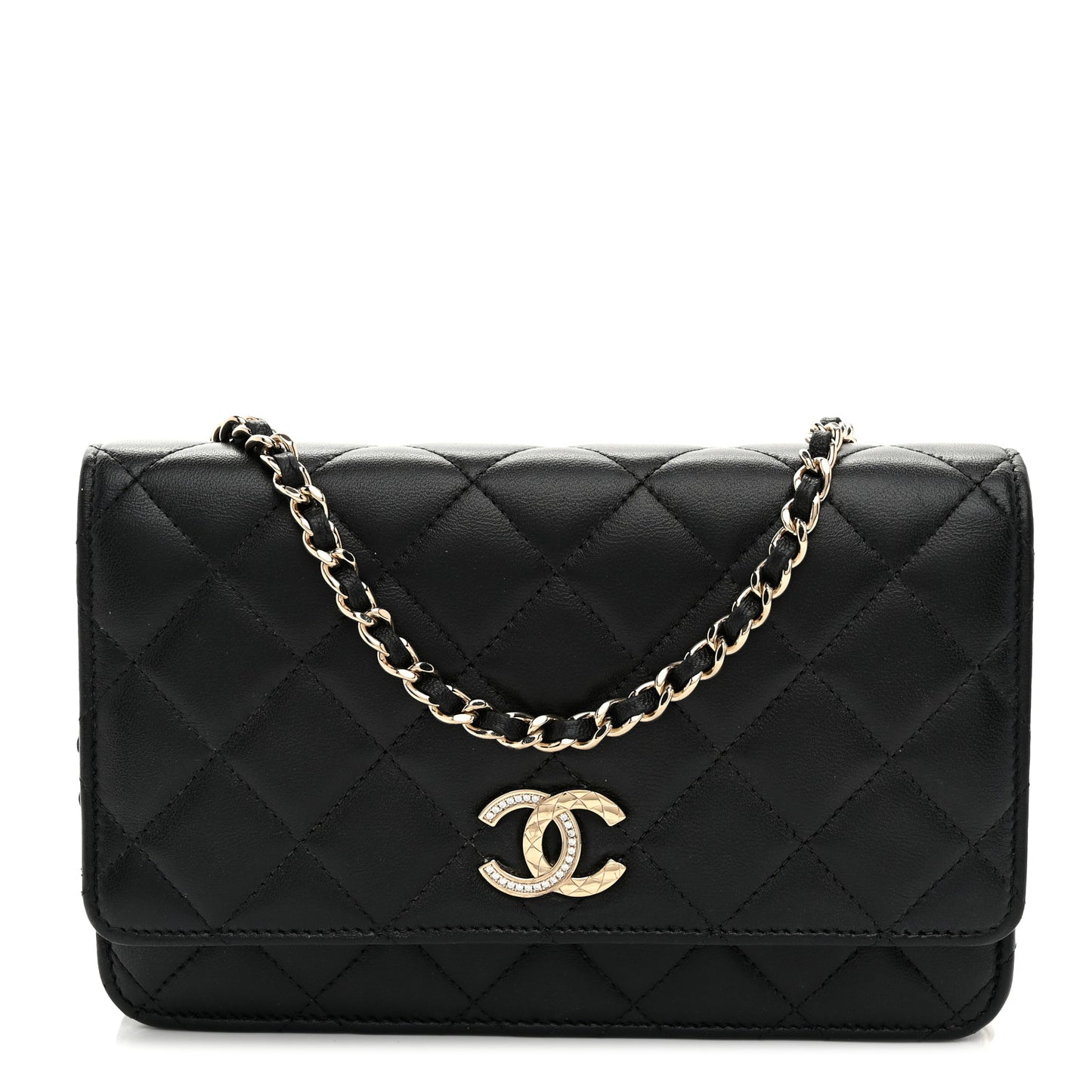 Lambskin Quilted Crystal CC Wallet On Chain WOC Black