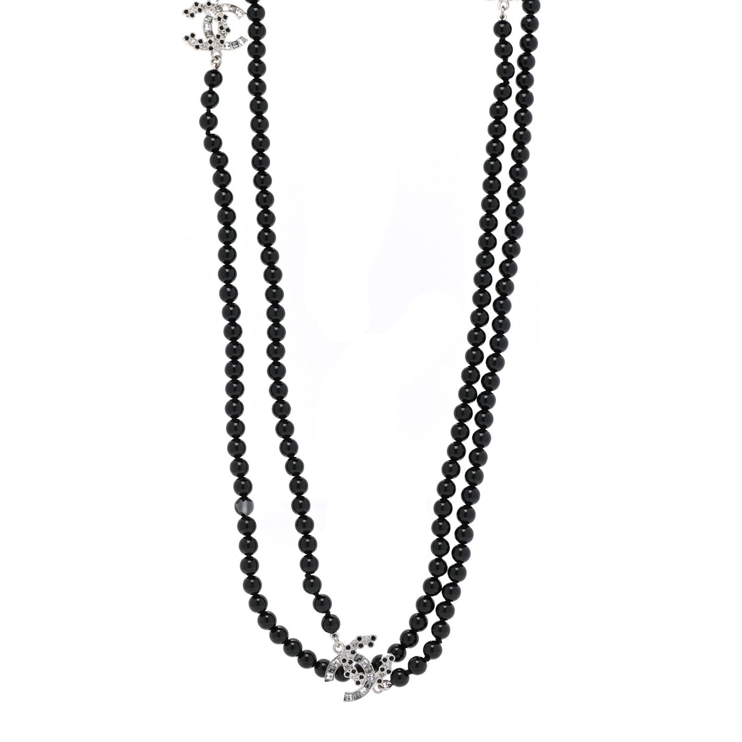 Ruthenium Crystal Baguette Pearl Beaded CC Long Necklace Black Grey