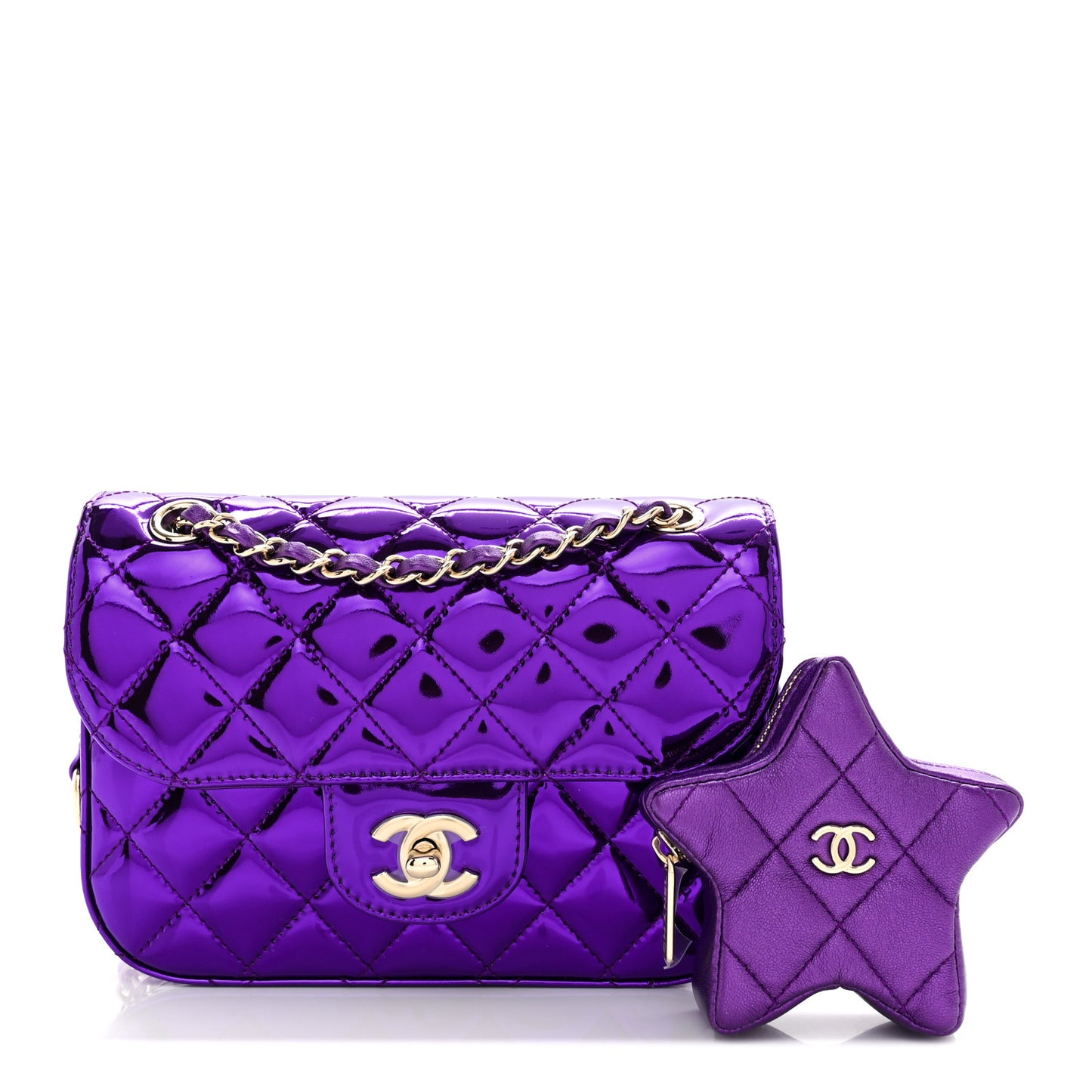 Mirror Calfskin Metallic Calfskin Quilted Hollywood Boulevard Mini Flap With Star Coin Purse Purple