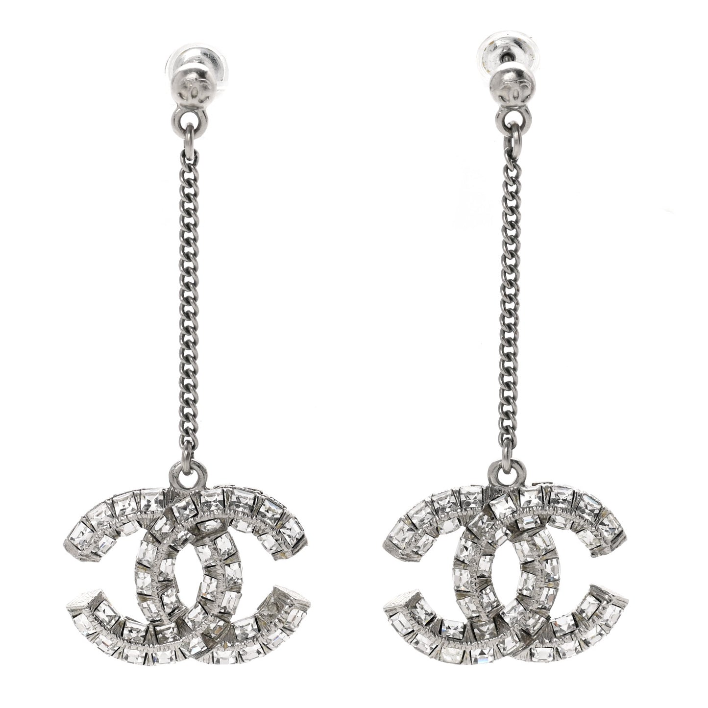 Baguette Crystal CC Drop Earrings Silver