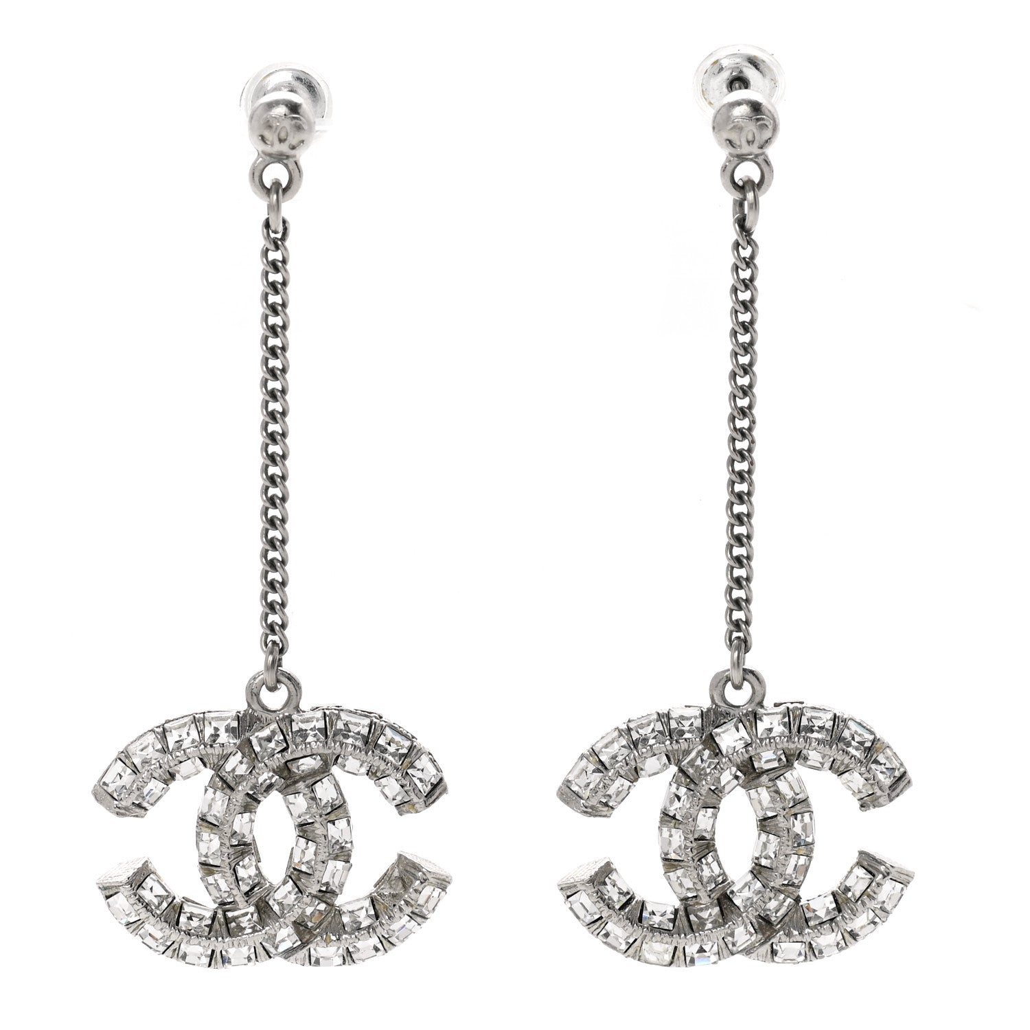 Chanel Baguette Crystal CC Drop Earrings Silver 1 of 5