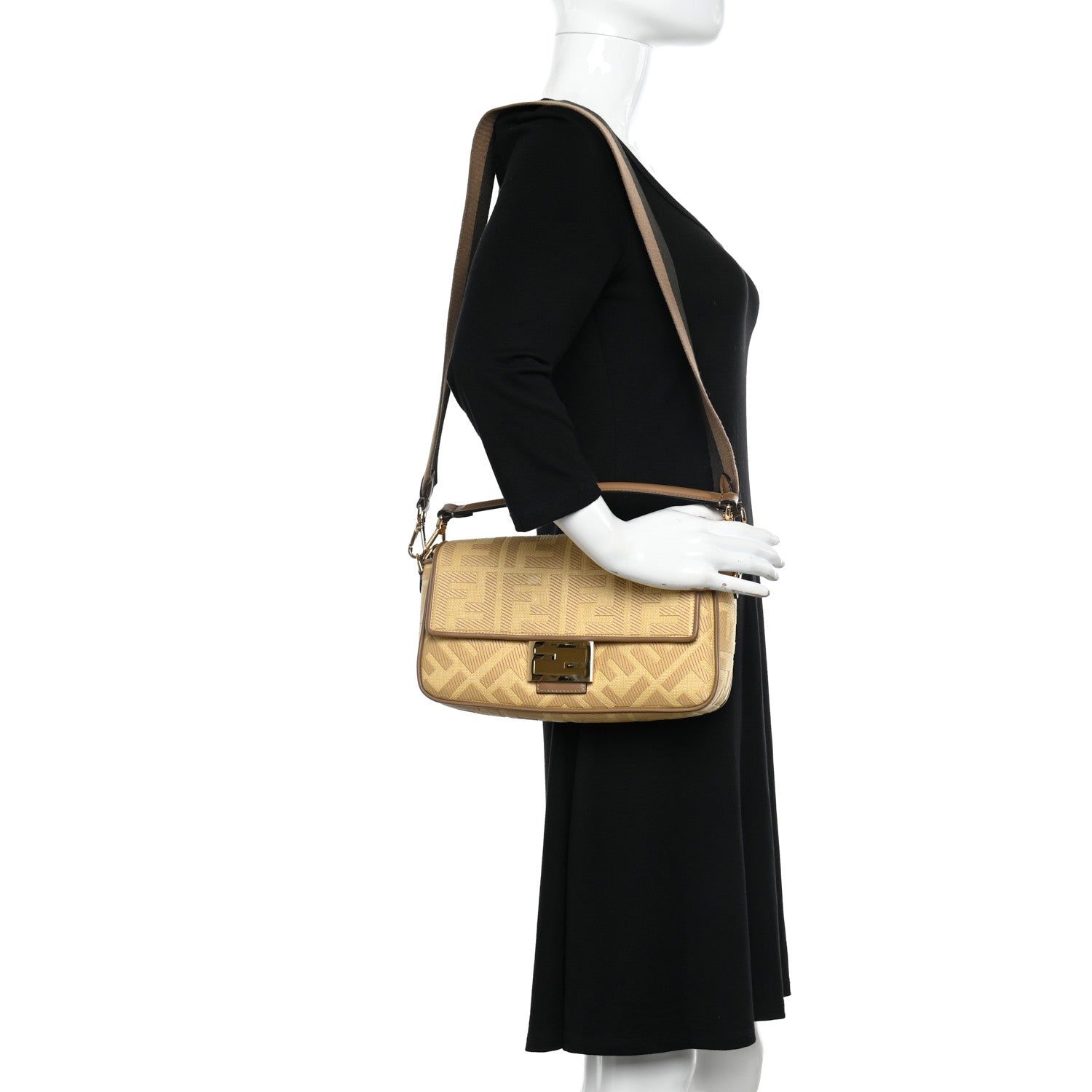 Fendi Raffia Vitello King Lucido FF Embroidered Baguette Grano Sand 2 of 14