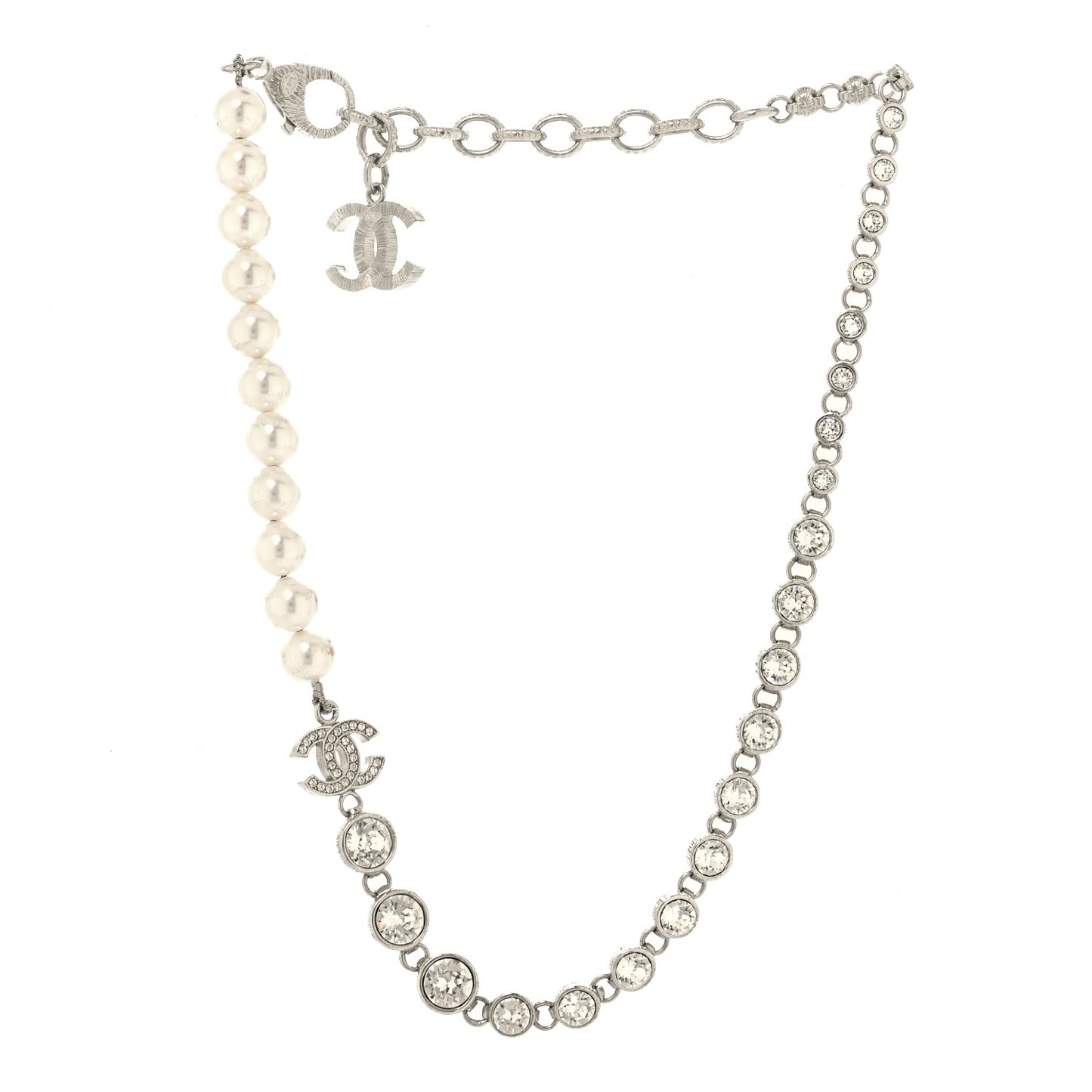 Pearl Crystal CC Choker Necklace Silver