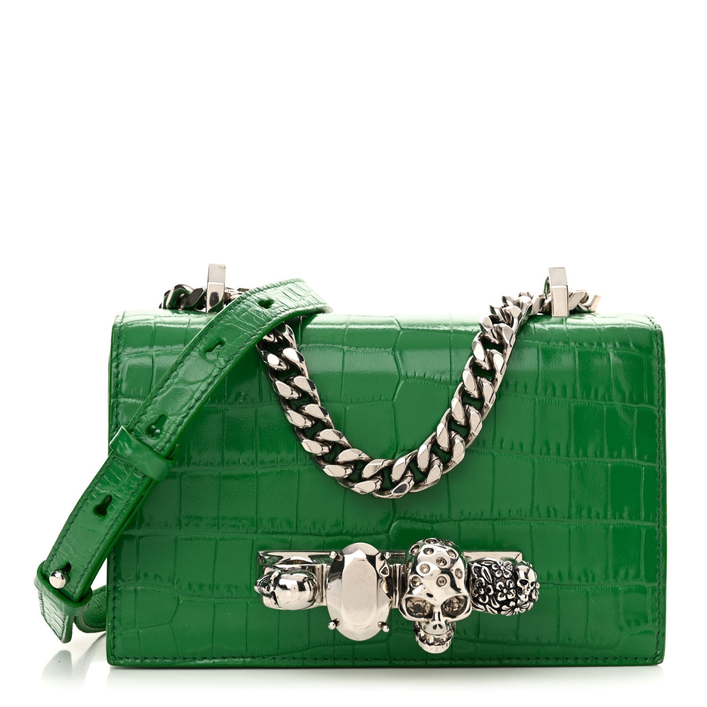 Calfskin Crocodile Embossed Knuckle Shoulder Bag Green