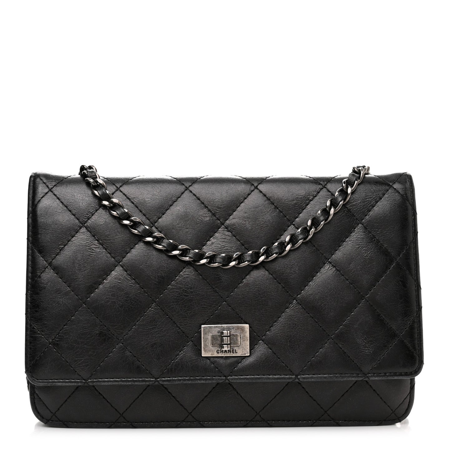 Metallic Aged Calfskin Quilted Reissue Wallet On Chain WOC Black
