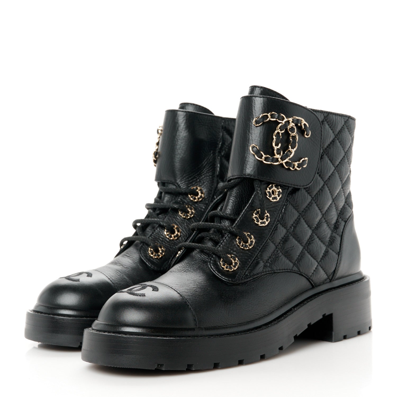 Chanel Shiny Goatskin Calfskin Quilted Lace Up Combat Boots 36 Black 3 of 10
