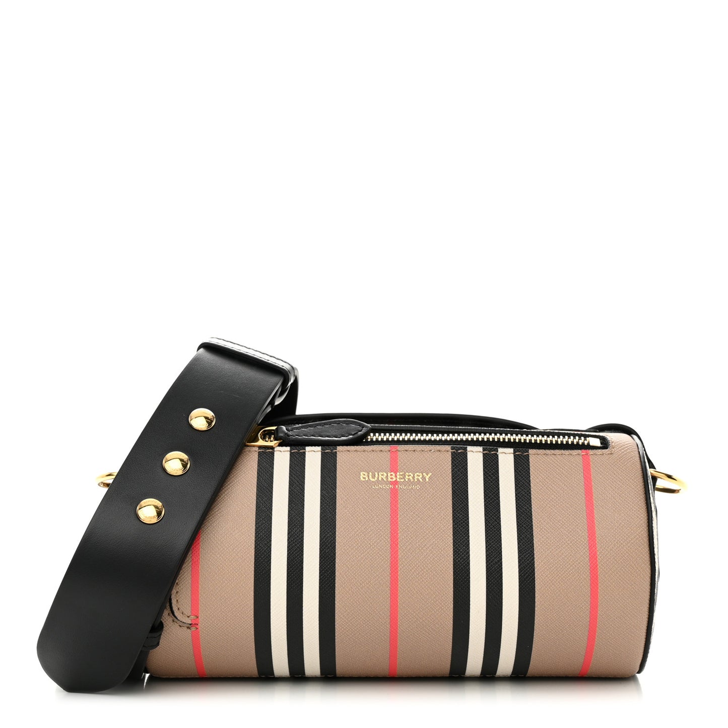 E-Canvas Calfskin Stripe Icon Barrel Bag Archive Beige