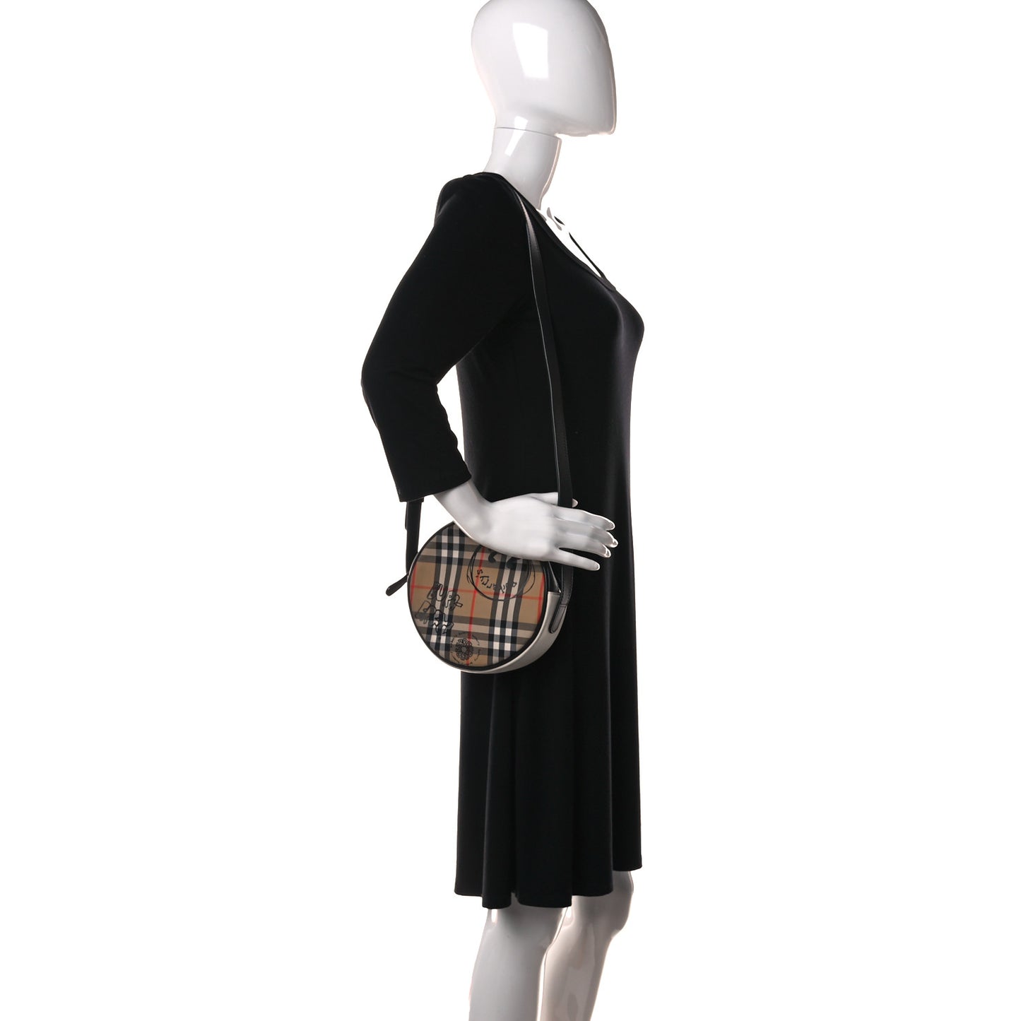 Vintage Check Calfskin Cartoon Print Round Bag Black White