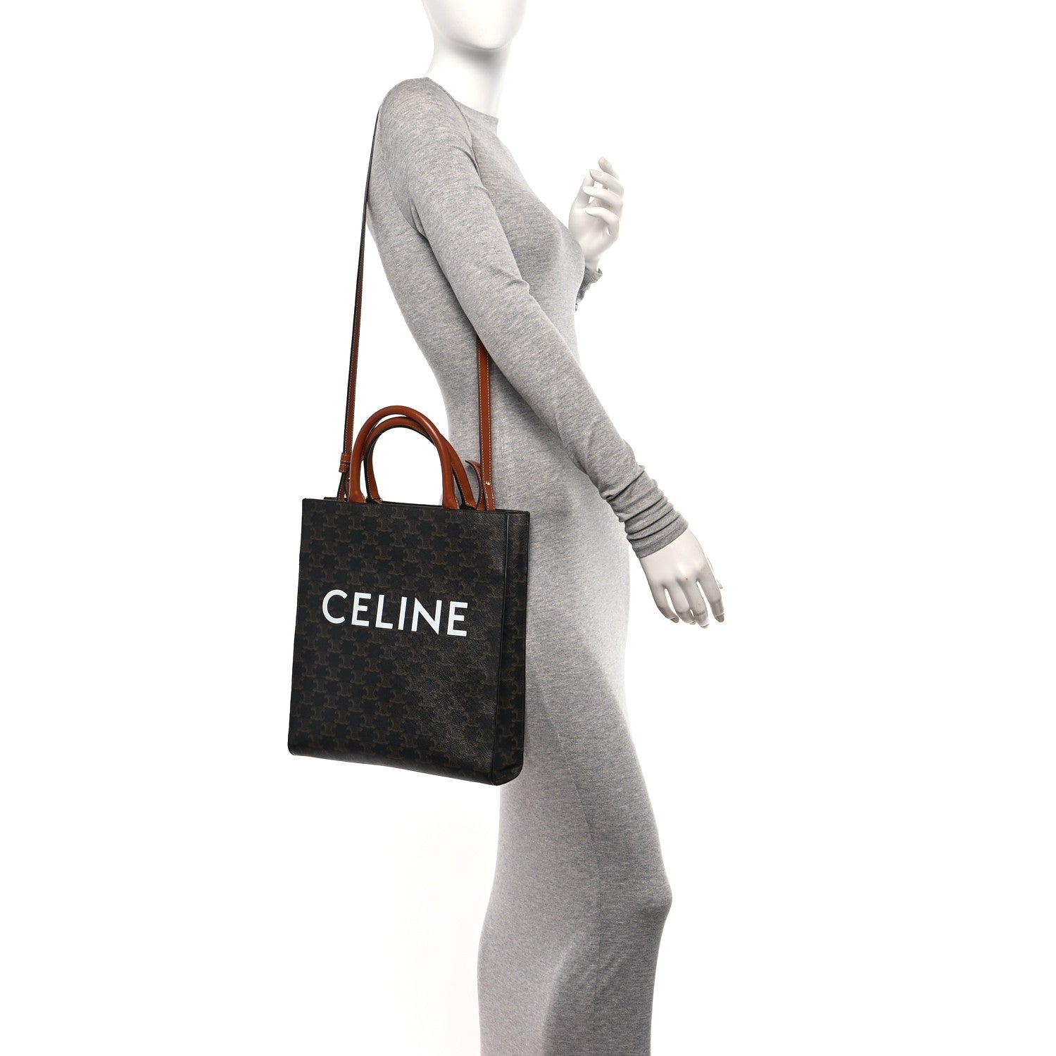 Celine Triomphe Canvas Calfskin Small Vertical Cabas Tan 2 of 10