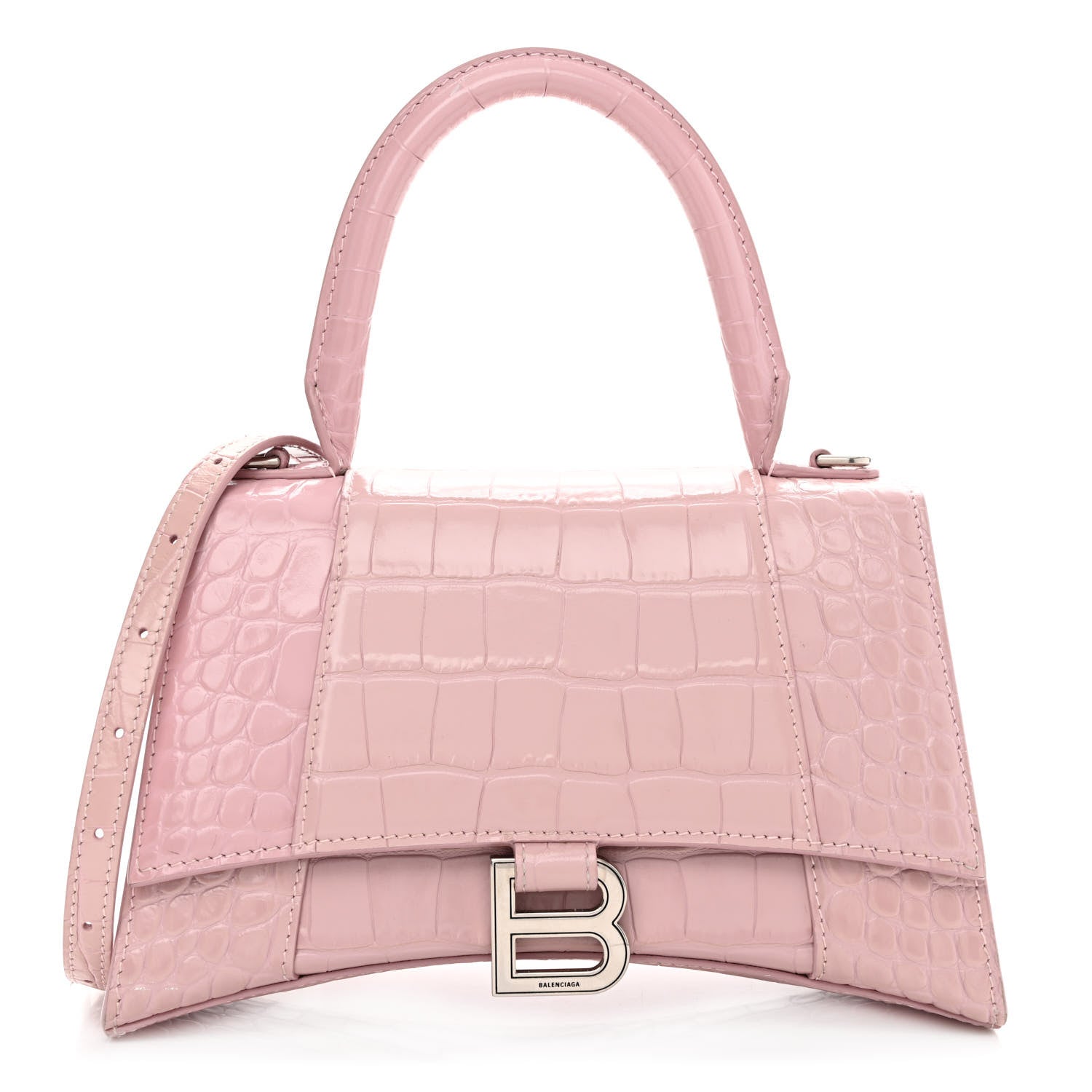Balenciaga Shiny Calfskin Crocodile Embossed Small Hourglass Top Handle Bag Powder Pink 1 of 12