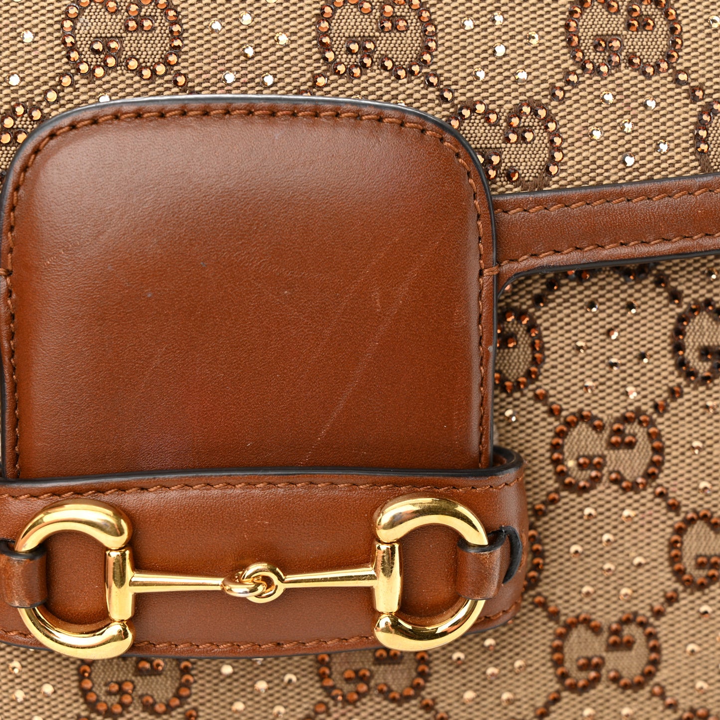 Canvas Calfskin Crystal GG Monogram Mini Horsebit 1955 Shoulder Bag Camel Ebony